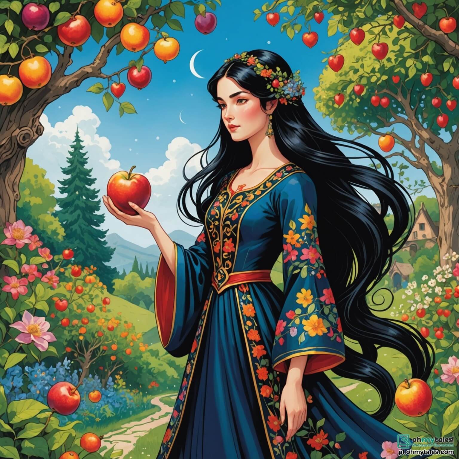 Une illustration destinée aux enfants représentant une femme au cœur généreux, aux longs cheveux noirs comme l'encre, vêtue d'une robe traditionnelle en soie ornée de motifs floraux éclatants, se tenant au milieu d'un jardin luxuriant où les fleurs dansent sous la brise légère, entourée de petits elfes lumineux aux yeux pétillants de malice, tandis que des arbres majestueux aux branches chargées de fruits colorés s'étendent vers un ciel azur parsemé de nuages cotonneux, illustrant la situation où cette femme, avec une profonde sagesse, tente de préserver la magie de son jardin face à la convoitise d'un homme avide, dont le visage est marqué par la cupidité, qui cherche à exploiter la beauté de son havre de paix, tout cela se déroulant dans un coin enchanteur du Japon, où la nature et la magie s'entrelacent harmonieusement.