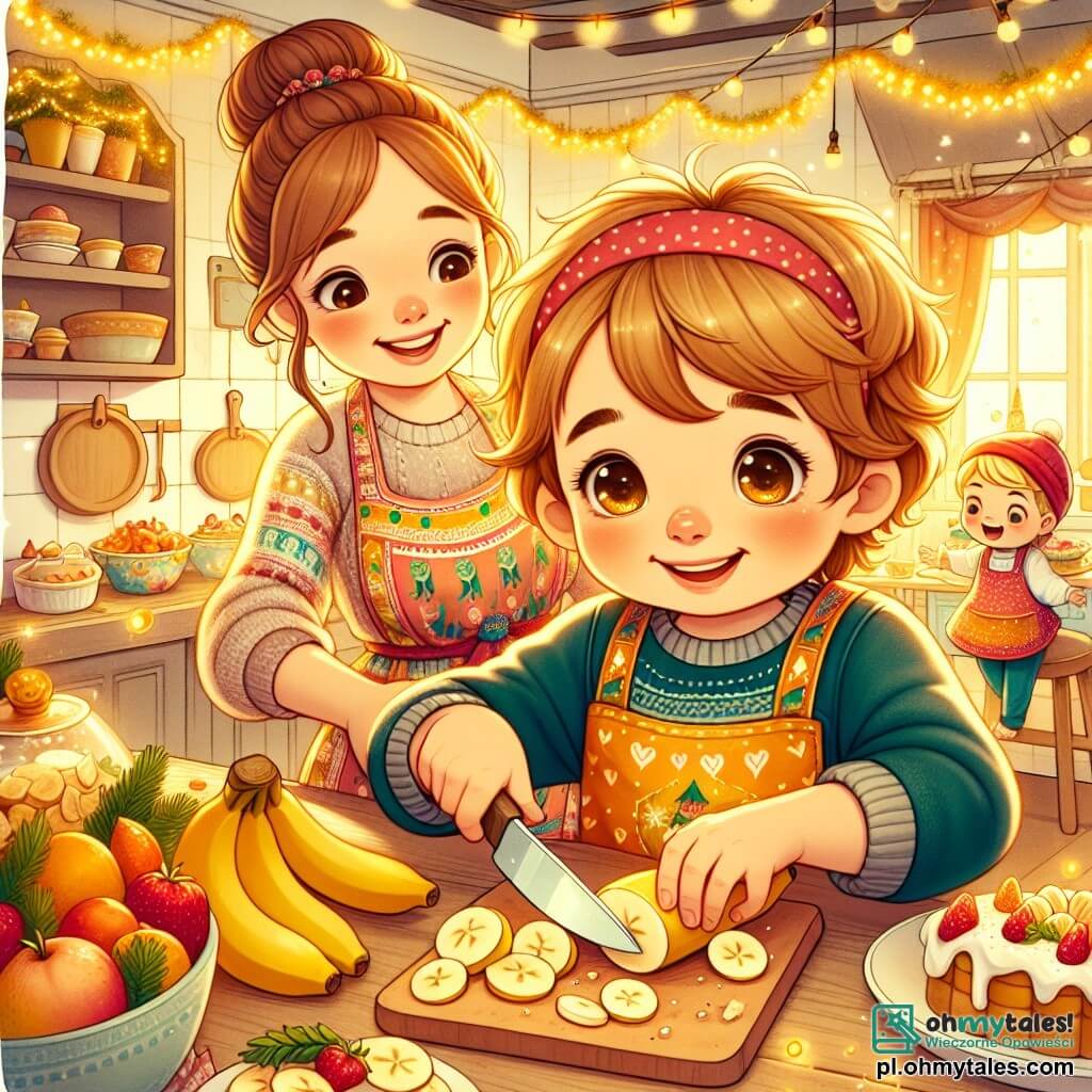 Une illustration sous forme de dessin destinée aux enfants représentant une chaleureuse cuisine décorée pour le Nouvel An, avec un garçon de 7 ans aux cheveux châtains et aux yeux pétillants, portant un grand tablier coloré, en train de couper des bananes pour une salade de fruits, tandis que sa maman, une femme souriante aux cheveux bruns attachés en chignon, l'aide à préparer des plats festifs, et son meilleur ami, un garçon aux cheveux blonds et à la casquette rouge, qui danse joyeusement autour d'eux, le tout baigné dans une lumière dorée et festive, avec des guirlandes scintillantes et des assiettes de délices sur la table.