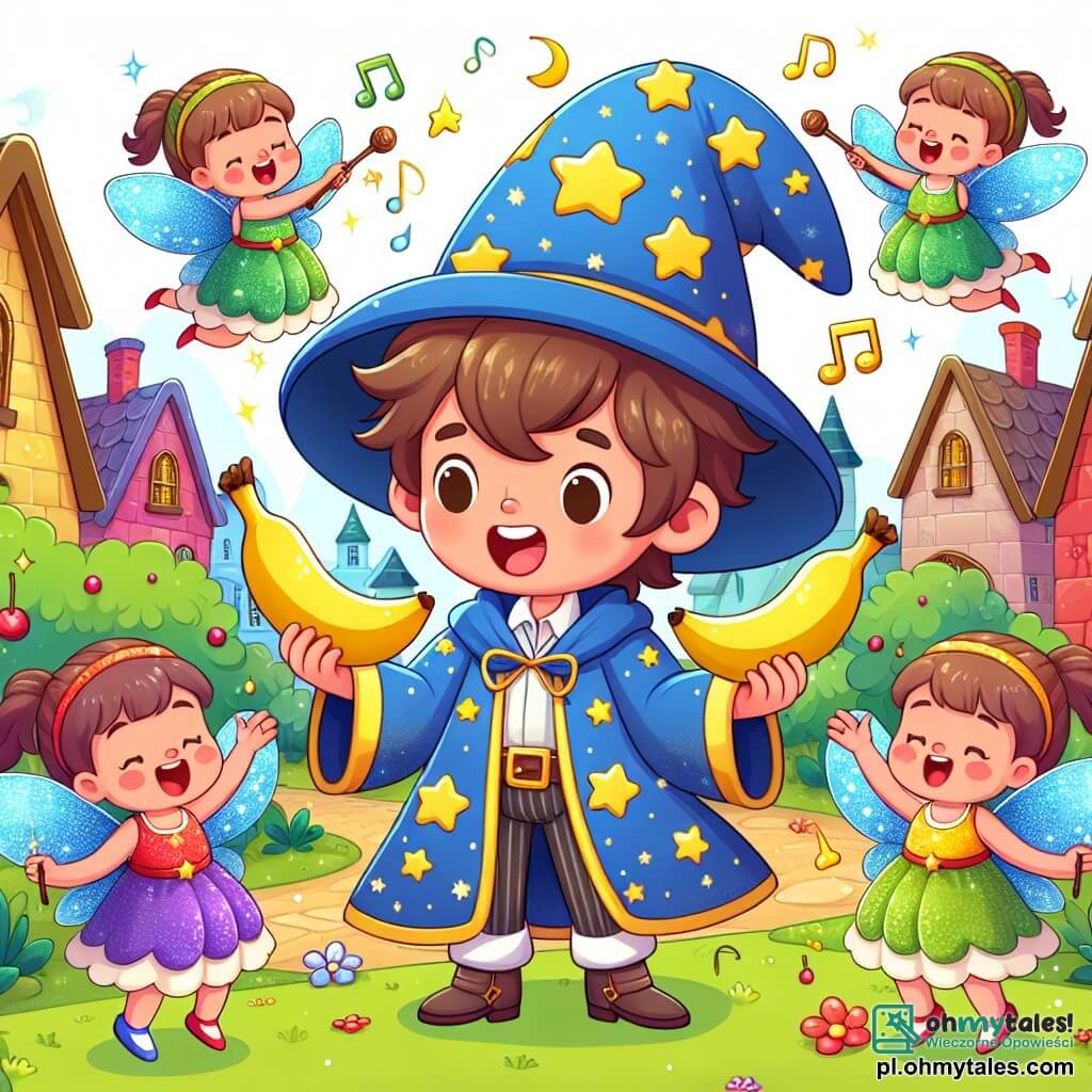 Une illustration sous forme de dessin destinée aux enfants représentant un charmant village enchanté avec des maisons colorées aux toits en pente, où un jeune garçon apprenti sorcier aux cheveux bruns ébouriffés, vêtu d'une robe de sorcier bleue ornée d'étoiles dorées, s'amuse à faire danser des bananes chantantes autour de lui, tandis que des petites fées aux ailes scintillantes et aux robes multicolores volent joyeusement dans les airs, créant une ambiance festive et magique, remplie de rires et de couleurs éclatantes.