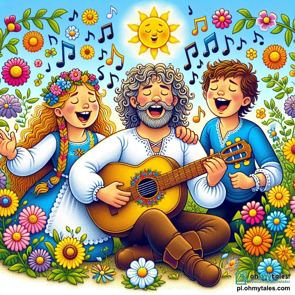 Une illustration sous forme de dessin destinée aux enfants représentant un jardin ensoleillé rempli de fleurs colorées, où un homme aux cheveux bouclés et à la barbe légère joue de la guitare avec passion, entouré de deux enfants : une fille aux cheveux longs et blonds qui chante joyeusement, et un garçon aux cheveux bruns qui danse avec entrain, tous trois unis par la magie de la musique alors qu'ils créent ensemble une chanson sur l'amitié.