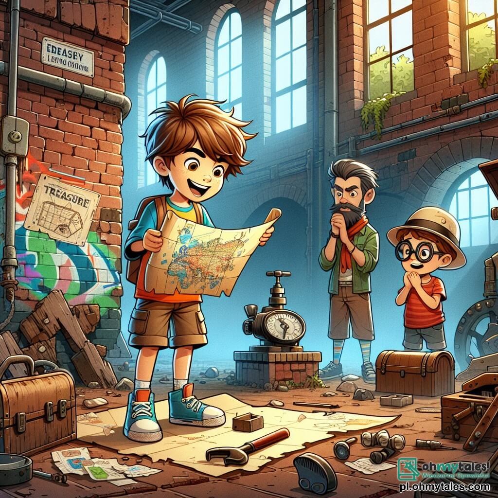 Une illustration sous forme de dessin destinée aux enfants représentant une vieille fabrique abandonnée, avec des murs en briques couvertes de graffiti et des fenêtres brisées, où un garçon de 9 ans aux cheveux châtains en bataille, portant un t-shirt coloré et un short, explore avec émerveillement une grande carte au trésor, tandis qu'un autre garçon de 9 ans, avec des lunettes et un chapeau de paille, l'observe avec excitation, tous deux entourés de vieux outils rouillés et de mystérieux objets éparpillés, symbolisant leur quête d'aventure et de découvertes.