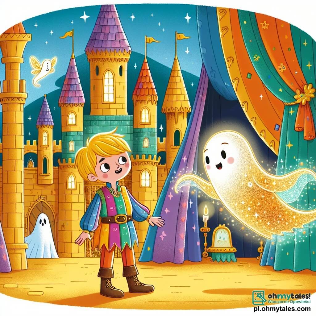 Une illustration sous forme de dessin destinée aux enfants représentant un ancien château magique aux murs dorés et aux tours colorées, où un jeune garçon aux cheveux blonds et aux yeux pétillants, vêtu d'une tunique colorée, se tient courageusement face à une petite fille fantôme aux ailes translucides et scintillantes, qui sourit chaleureusement tout en l'encourageant, tandis qu'un grand fantôme amical aux yeux brillants se cache derrière un rideau, le tout baigné dans une lumière douce et féerique, illustrant un moment où le garçon découvre sa propre bravoure en jouant avec ses nouveaux amis fantastiques.