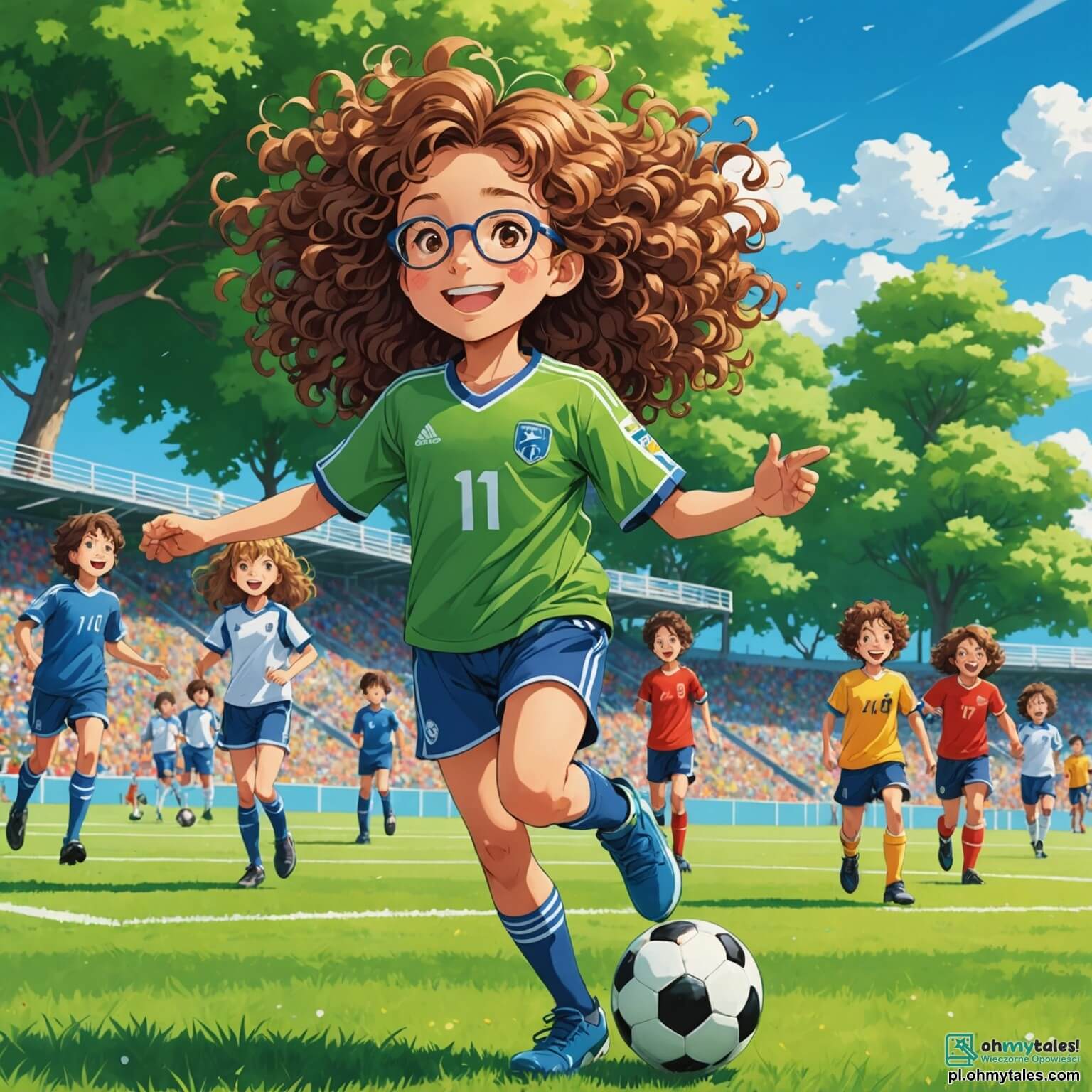 Une illustration destinée aux enfants représentant une jeune fille aux cheveux longs et bouclés, vêtue d'un maillot aux couleurs vives, dribblant avec agilité sur un terrain de football verdoyant, entourée de ses amis, un garçon aux lunettes et un autre garçon au sourire éclatant, tous deux applaudissant avec enthousiasme sous un ciel bleu parsemé de nuages cotonneux, tandis qu'à l'arrière-plan se dressent des arbres majestueux et une tribune remplie de familles joyeuses, impatientes de voir leur équipe favorite remporter le match.