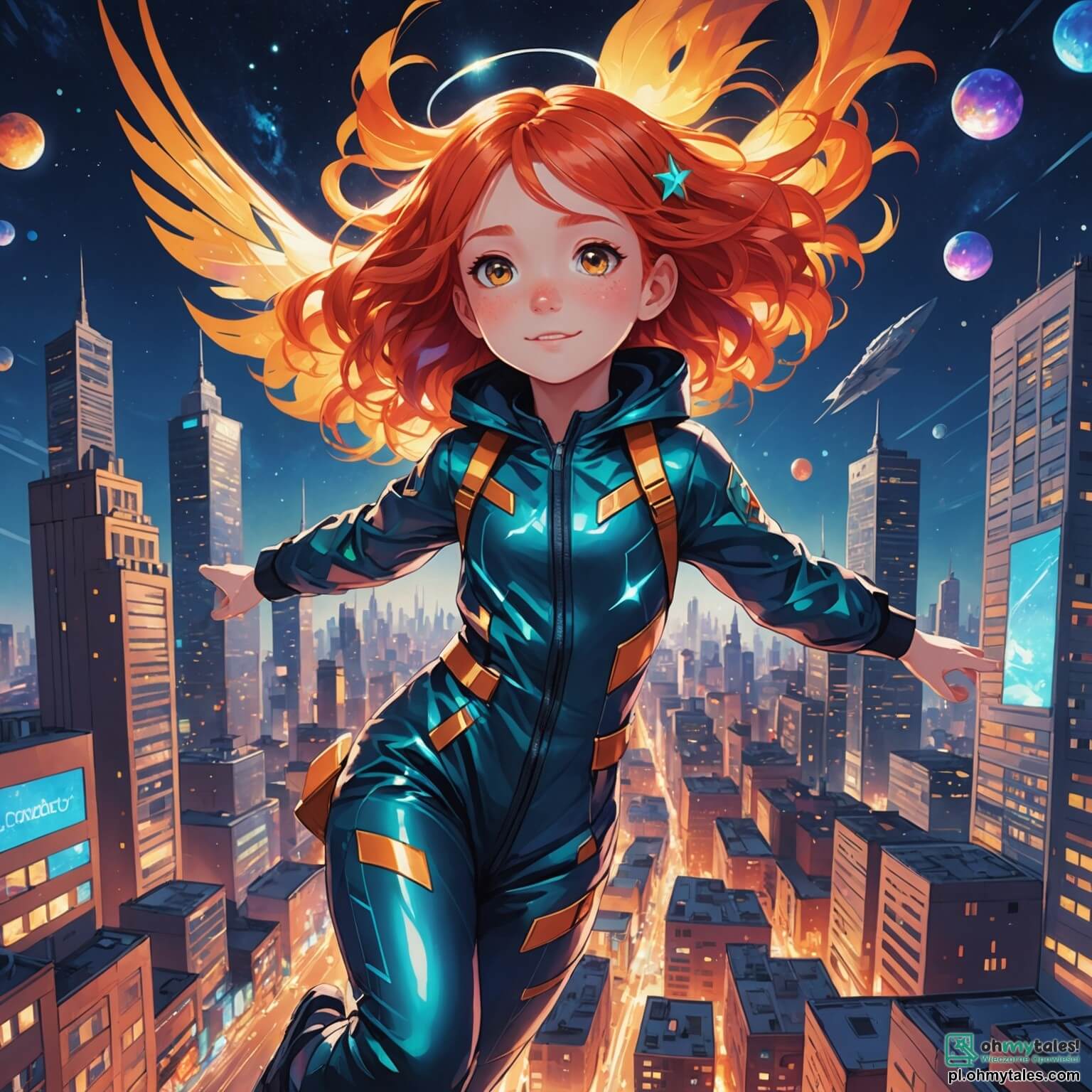 Une illustration destinée aux enfants représentant une fille aux cheveux flamboyants flottant dans le vent, vêtue d'une combinaison futuriste scintillante, explorant avec émerveillement la métropole vibrante de Lśniące Gwiazdy, où des bâtiments en lévitation aux façades multicolores scintillent sous un ciel étoilé, tandis qu'elle se lie d'amitié avec une nouvelle camarade aux ailes iridescentes, une fille timide venue d'une planète lointaine, dans un monde où la diversité et l'acceptation sont célébrées à chaque coin de rue.