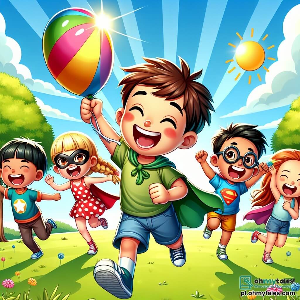 Une illustration sous forme de dessin destinée aux enfants représentant un parc ensoleillé avec des arbres verdoyants et un grand ciel bleu, où un garçon de 7 ans aux cheveux bruns en bataille et au sourire éclatant est en train de sauter de joie en tenant un balon coloré, entouré de trois amis : une fille aux cheveux blonds tressés portant une cape de super-héros, un garçon avec des lunettes et un faux nez en plastique riant aux éclats, et une autre fille aux cheveux roux qui fait une drôle de grimace, tous célébrant leur victoire après avoir récupéré le balon qui s'était envolé, avec des rires et des éclats de bonheur dans l'air.