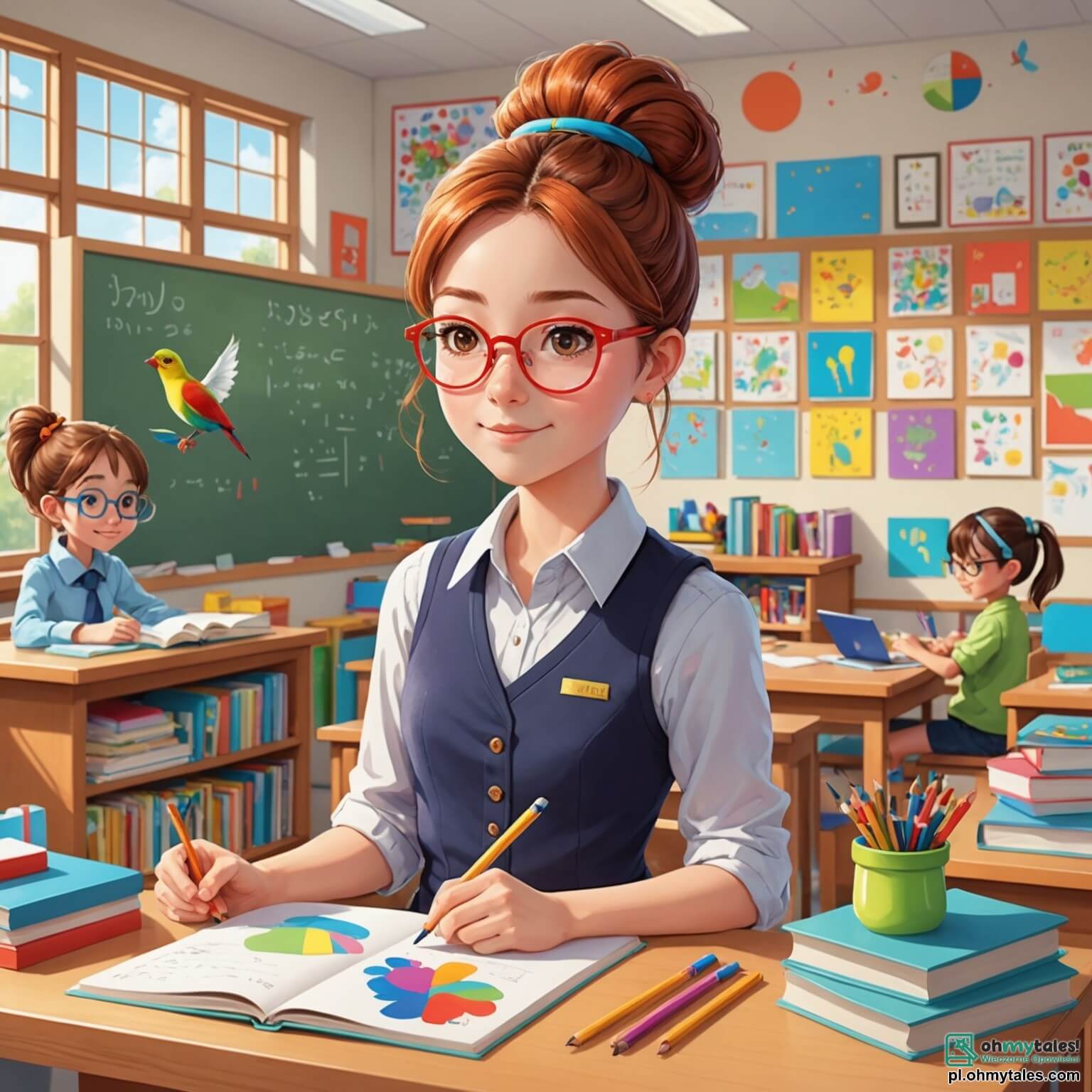 Une illustration destinée aux enfants représentant une institutrice passionnée, avec des cheveux châtains en chignon et des lunettes cerclées de couleur vive, se tenant devant une classe lumineuse aux murs ornés de dessins d'élèves, où des enfants aux yeux pétillants, garçons et filles, s'affairent autour de tables en bois clair, entourés de livres colorés et de jouets éducatifs, tandis qu'un petit oiseau perdu, aux plumes éclatantes, se trouve sur le rebord de la fenêtre, créant une atmosphère de curiosité et d'aventure dans cette salle de classe chaleureuse, remplie de rires et d'apprentissages.