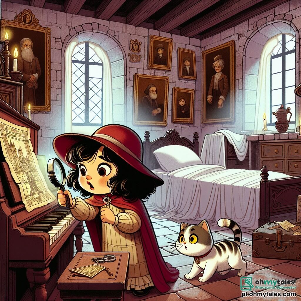 Une illustration sous forme de dessin destinée aux enfants représentant l'intérieur d'une vieille villa poussiéreuse, avec des murs ornés de portraits anciens et des meubles couverts de draps blancs, où une jeune fille aux cheveux noirs bouclés, portant un chapeau rouge et tenant une loupe, explore avec curiosité une pièce sombre, tandis qu'un petit chat tigré aux yeux jaunes la suit de près, alors qu'ils découvrent une mystérieuse carte au trésor posée sur un vieux piano, suggérant une aventure pleine de secrets à déchiffrer.