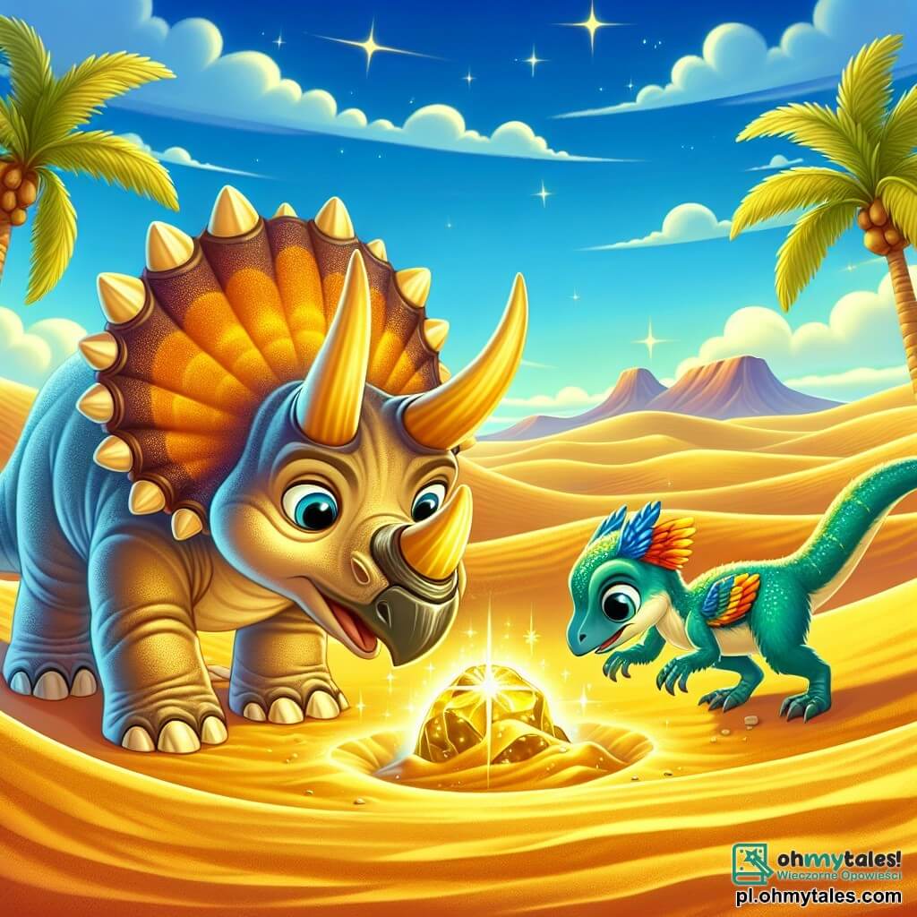 Une illustration sous forme de dessin destinée aux enfants représentant un vaste paysage désertique avec des dunes de sable doré sous un ciel bleu éclatant, où un tricératops aux trois cornes majestiques et au collerette colorée, curieux et déterminé, découvre une mystérieuse boule dorée scintillante enfouie dans le sable, tandis qu'un petit vélociraptor agile, aux plumes vives et aux yeux pétillants, l'observe avec fascination, tous deux captivés par la magie de leur découverte qui pourrait révéler des secrets oubliés du passé.
