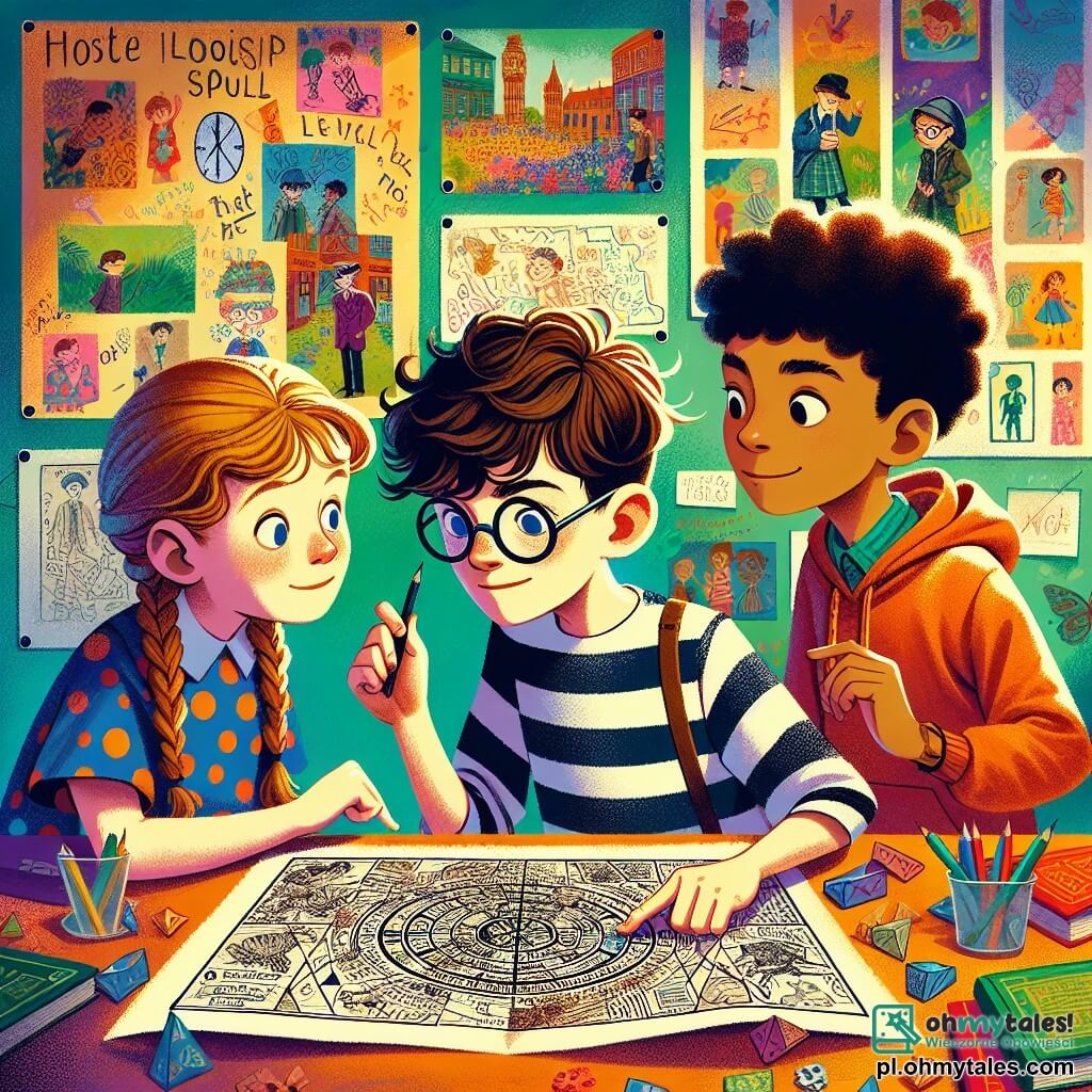 Une illustration sous forme de dessin destinée aux enfants représentant une salle de classe colorée et animée, avec des murs ornés de dessins d'enfants, où un garçon de 11 ans aux cheveux bruns en bataille, portant des lunettes et un t-shirt à rayures, examine attentivement une carte mystérieuse avec un air déterminé, tandis qu'à ses côtés, une fille aux cheveux blonds tressés, vêtue d'une robe à pois, pointe du doigt une note énigmatique, et un garçon aux cheveux châtains, portant un sweat à capuche, regarde autour avec curiosité, tous trois plongés dans une enquête pour retrouver des objets disparus dans leur école.