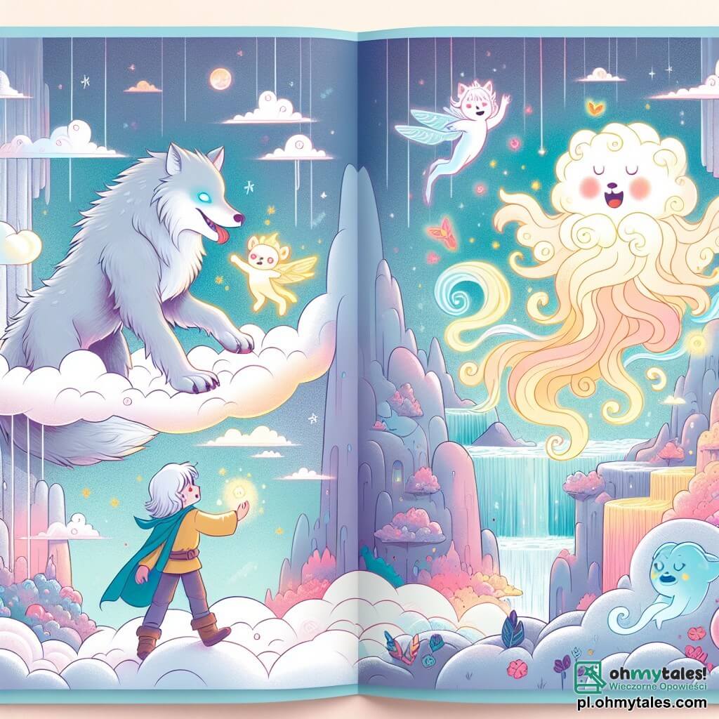 Une illustration sous forme de dessin destinée aux enfants représentant un royaume fantastique flottant dans les nuages, avec des chutes de couleurs pastel et des chuchotements de vent, où un loup-garou au pelage argenté et aux yeux brillants, un garçon courageux, danse joyeusement avec un petit nuage espiègle, une créature aux formes douces et aux couleurs vives, tandis qu'un esprit éthéré, autrefois triste, observe avec un sourire naissant, le tout capturant l'instant magique où la joie et l'amitié redonnent vie à la Chmurlandia.