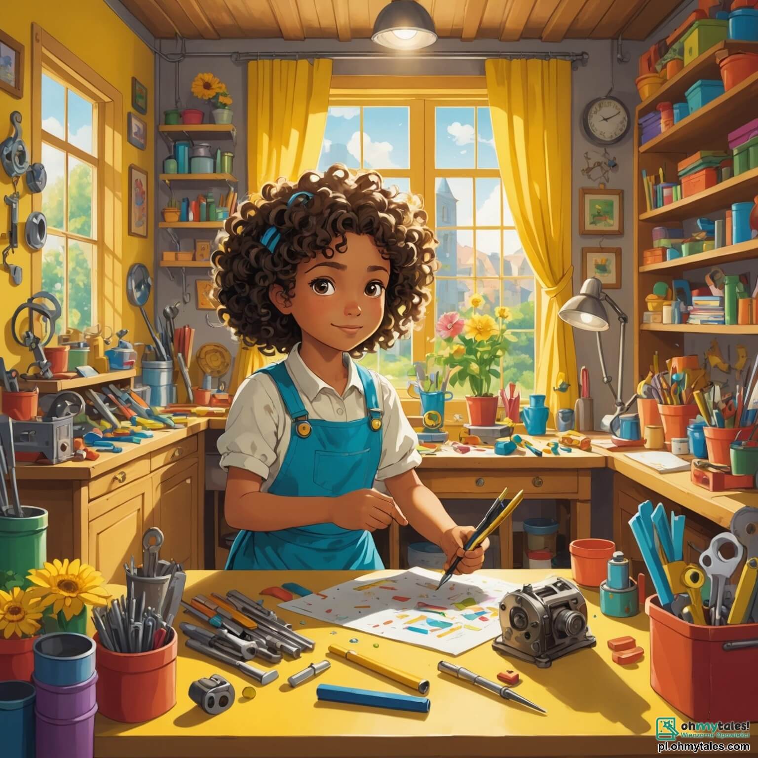 Une illustration destinée aux enfants représentant une femme inventrice aux cheveux bouclés, entourée de ses outils colorés et de pièces de métal étincelantes dans son atelier lumineux aux murs peints en jaune, où des rayons de soleil filtrent à travers les fenêtres ornées de rideaux à fleurs, tandis qu'un garçon curieux, son petit voisin, l'observe avec des yeux écarquillés, alors qu'ils tentent ensemble de résoudre le mystère des jouets disparus.