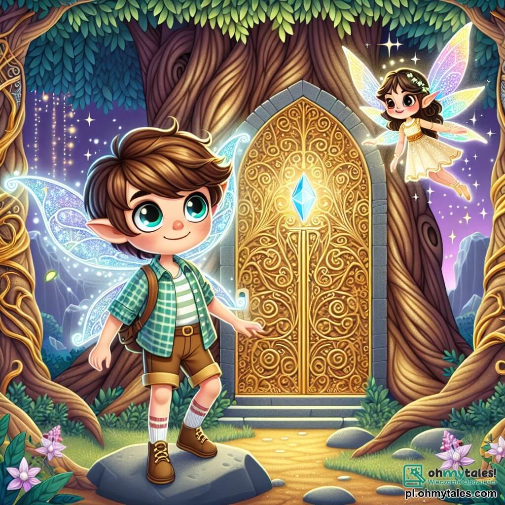 Une illustration sous forme de dessin destinée aux enfants représentant une forêt enchantée, avec des arbres majestueux aux feuilles scintillantes, où un garçon de 9 ans aux cheveux bruns et aux yeux pétillants, vêtu d'une chemise à carreaux et d'un short, se tient courageusement devant une ancienne brise dorée ornée de motifs magiques, tandis qu'une petite fée aux ailes iridescentes, flottant à ses côtés, lui montre le chemin vers un mystérieux cristal brillant, symbolisant leur quête pour sauver la Krainę Magii.