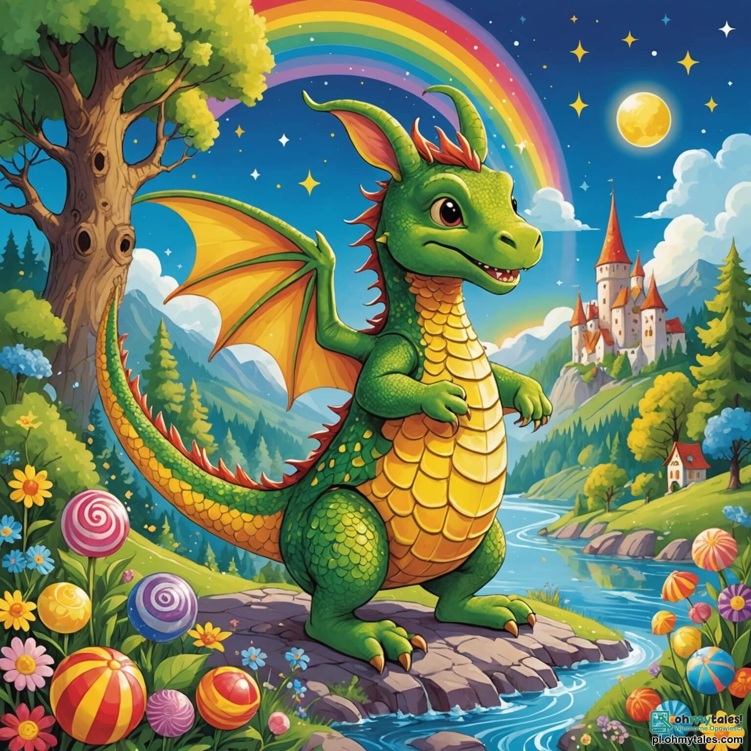 Une illustration destinée aux enfants représentant un dragon espiègle aux écailles scintillantes comme des étoiles, qui rêve de voler au-dessus des montagnes en bonbons et des rivières de limonade, tandis qu'il est accompagné d'un lapin farceur au pelage duveteux, le tout se déroulant dans un monde féerique où les arbres dansent au rythme du vent et les fleurs chantent des mélodies joyeuses sous un ciel arc-en-ciel.