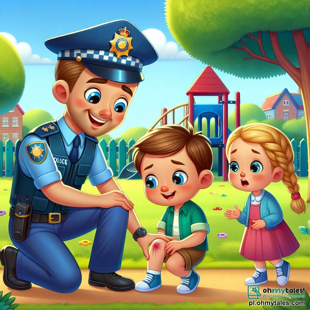 Une illustration sous forme de dessin destinée aux enfants représentant un parc ensoleillé avec des arbres verdoyants et une aire de jeux colorée, où un policier homme, grand et souriant, portant un uniforme bleu vif, s'accroupit pour examiner le genou d'un garçon aux cheveux bruns et aux yeux pétillants, qui vient de tomber en jouant, tandis qu'une fille aux cheveux blonds et tressés, vêtue d'une robe rose, regarde avec inquiétude, tous deux écoutant attentivement les conseils du policier sur la sécurité, créant une atmosphère de camaraderie et d'apprentissage.