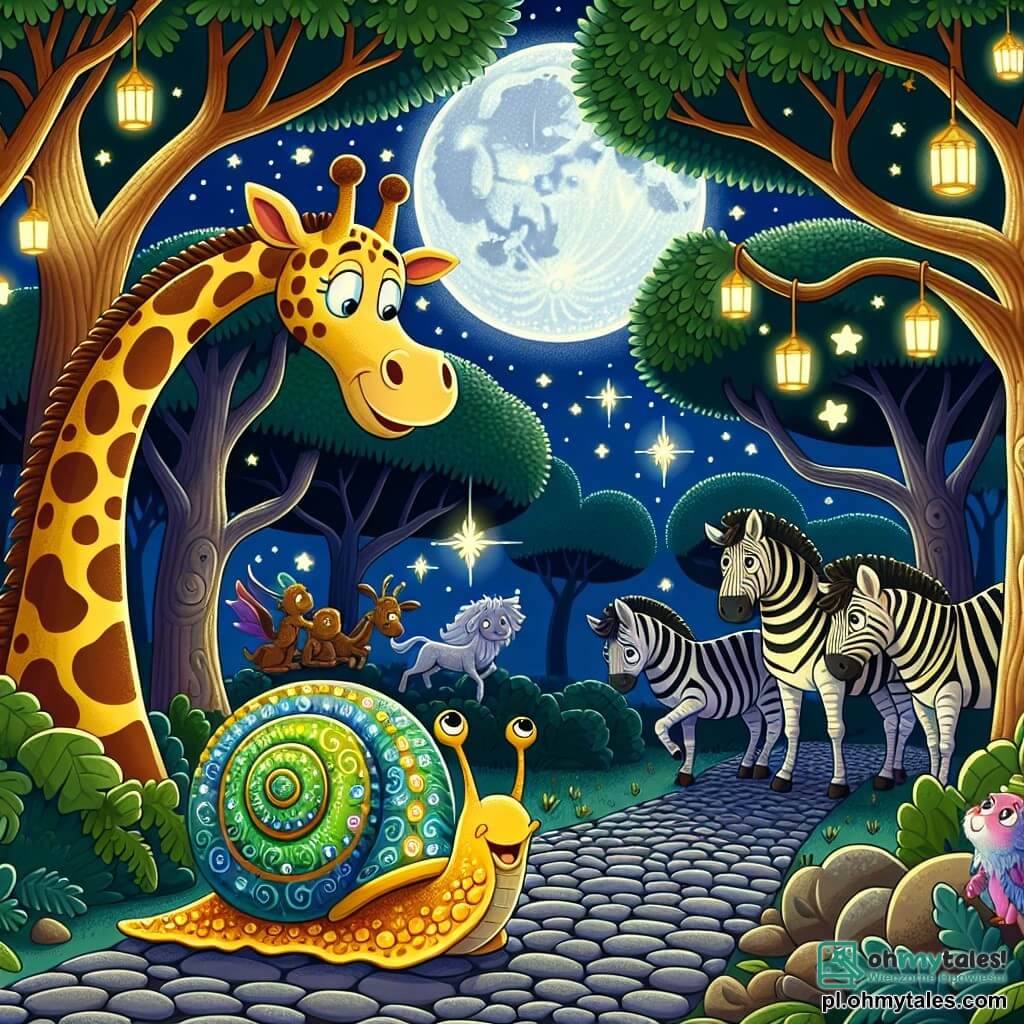 Ilustracja przedstawiająca magiczną scenę w nocnym zoo, gdzie księżyc delikatnie oświetla brukowane alejki otoczone dużymi drzewami o bujnych liściach. W centrum, ślimak w jaskrawych kolorach, z spiralną muszlą ozdobioną migotliwymi wzorami, szybko porusza się po ścieżce, zostawiając za sobą lekką, błyszczącą smugę. Obok niego, duża żyrafa z długą szyją, w złotych plamkach i ciekawym wyrazem, pochyla się, aby obserwować ślimaka z rozbawionym uśmiechem. W tle zebry w czarno-białe paski stoją w grupie, z zainteresowaniem przyglądając się scenie, podczas gdy stary smok z błyszczącymi łuskami, siedzący na kamieniu, uśmiecha się życzliwie. Główna sytuacja przedstawia ślimaka dzielącego się zabawną historią z przyjaciółmi zwierzętami, tworząc radosną atmosferę pełną koleżeństwa pod gwiaździstym niebem. Migoczące gwiazdy i zawieszone lampiony dodają magii tej animowanej scenie.