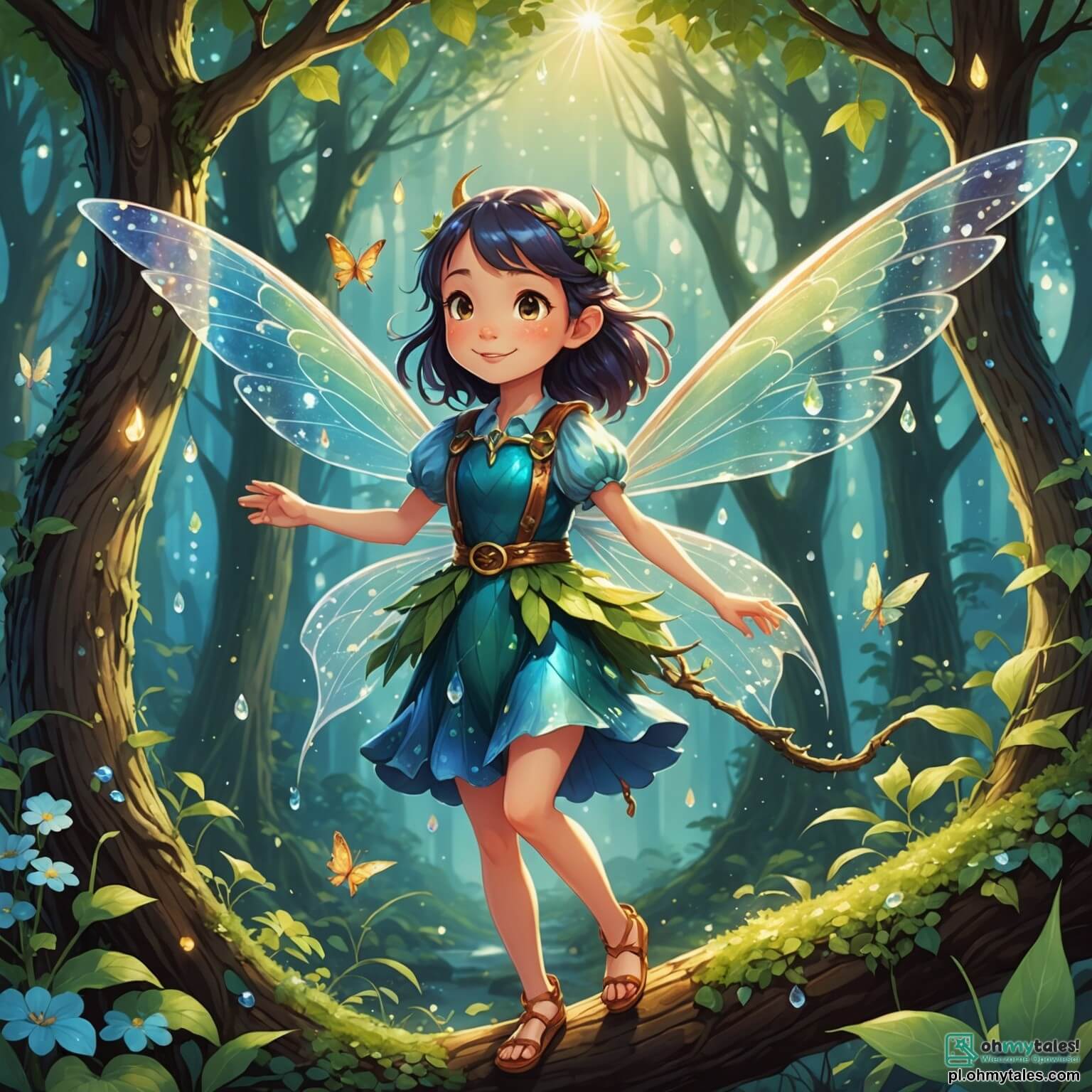 Une illustration destinée aux enfants représentant une fée pétillante aux ailes scintillantes comme des gouttes de rosée, qui se retrouve dans une forêt enchantée où les arbres aux troncs torsadés s'élèvent vers le ciel, leurs feuilles chatoyantes dansent au rythme d'une douce mélodie, tandis qu'un petit dragon rigolo, aux écailles multicolores et au sourire malicieux, l'accompagne dans sa quête pour retrouver un trésor caché sous un arc-en-ciel flamboyant.