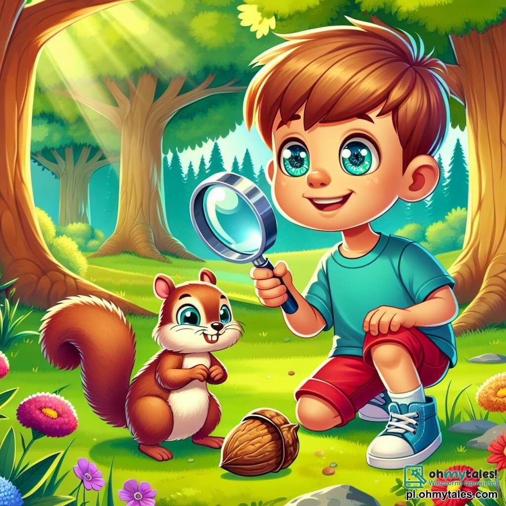 Une illustration sous forme de dessin destinée aux enfants représentant un parc coloré et ensoleillé, avec de grands arbres verdoyants et des fleurs éclatantes, où un garçon de 5 ans aux cheveux bruns et aux yeux pétillants, portant un t-shirt bleu et un short rouge, est accroupi en train de tenir une loupe, observant attentivement le sol, tandis qu'à ses côtés, une petite wiewiórka au pelage brun et aux yeux curieux, se tient debout sur ses pattes arrière, regardant avec espoir un orzech brillant qu'ils viennent de découvrir ensemble, symbolisant leur aventure de recherche d'un trésor perdu.