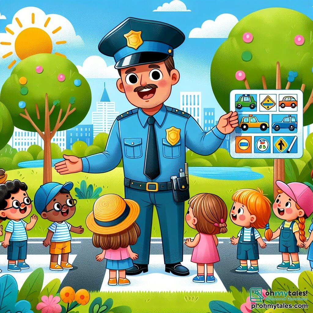 Une illustration sous forme de dessin destinée aux enfants représentant un parc ensoleillé avec des arbres verdoyants et un ciel bleu, où un policier jovial, un homme avec un grand sourire, portant un uniforme bleu et un large chapeau, explique aux enfants rassemblés autour de lui, dont une petite fille aux cheveux en tresse et une petite garçon aux lunettes, comment traverser la rue en toute sécurité, tout en tenant des cartes colorées représentant des panneaux de signalisation et des véhicules, créant une atmosphère joyeuse et éducative.