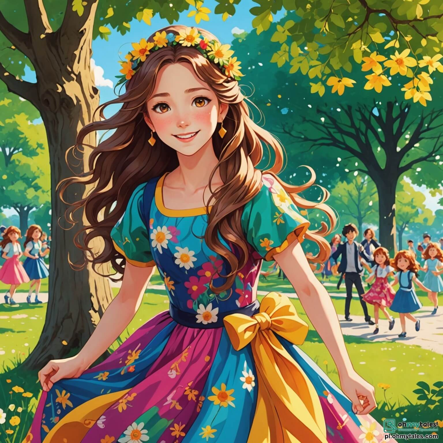 Une illustration destinée aux enfants représentant une femme aux longs cheveux ondulés, vêtue d'une robe éclatante aux couleurs vives, qui, avec un sourire chaleureux, inspire un groupe d'enfants joyeux, dont une petite fille aux yeux pétillants et un garçon curieux, dans un charmant parc ensoleillé de Złotopolice, où des fleurs multicolores dansent au gré du vent et où un grand chêne majestueux offre son ombre bienveillante, tandis qu'une grande table en bois est ornée de pots de peinture et de pinceaux, créant une atmosphère magique de créativité et de camaraderie.