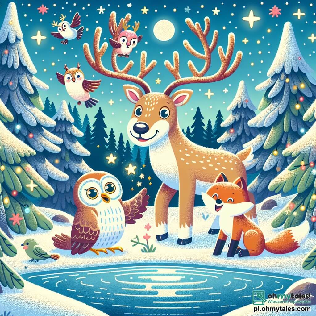 Une illustration sous forme de dessin destinée aux enfants représentant un magnifique paysage hivernal avec des arbres majestueux recouverts de neige scintillante, où un renne aux grands bois brillants comme des étoiles se tient joyeusement au bord d'un lac magique, entouré de ses amis : une sage chouette aux plumes douces et un renard espiègle au pelage roux, tandis qu'ils s'apprêtent à faire un vœu ensemble, leurs visages illuminés par l'excitation et l'amitié.
