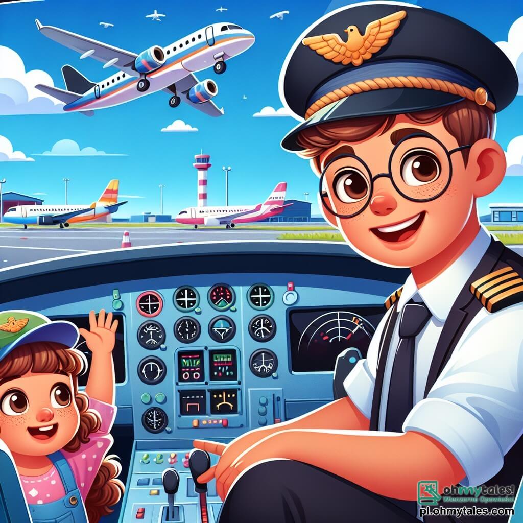 Une illustration sous forme de dessin destinée aux enfants représentant un aéroport animé avec des avions colorés stationnés sur le tarmac, où un homme au sourire chaleureux, portant une casquette de pilote et une veste d'uniforme, montre avec enthousiasme les commandes d'un cockpit à une petite fille aux cheveux bouclés et aux yeux brillants, qui écoute avec émerveillement, tandis qu'un garçon aux lunettes et aux cheveux châtains, assis à côté d'elle, lève la main en s'exclamant, tous deux rêvant de devenir pilotes comme leur père, dans un ciel bleu parsemé de nuages blancs.