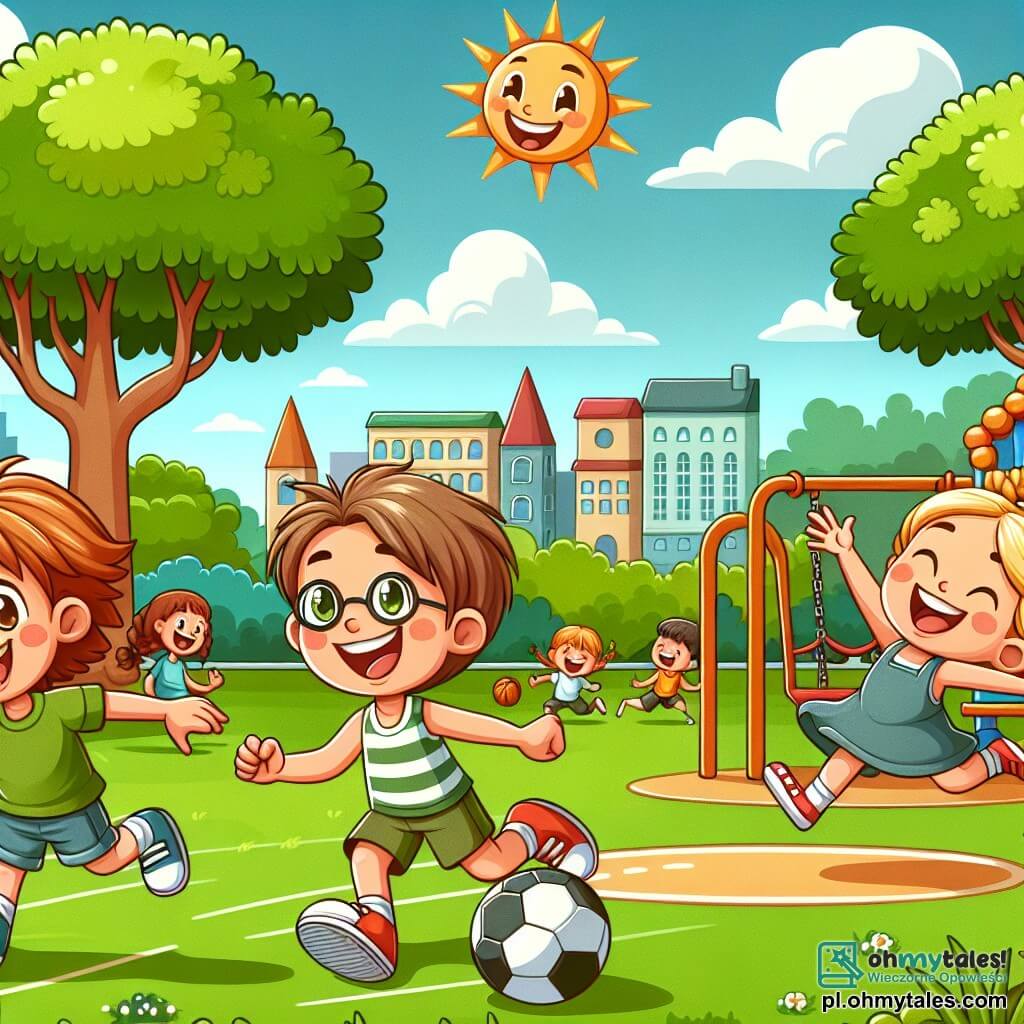 Une illustration sous forme de dessin destinée aux enfants représentant un parc ensoleillé avec des arbres verdoyants et un terrain de jeux coloré, où un garçon de 7 ans aux cheveux bruns et aux lunettes rondes s'amuse joyeusement à jouer au ballon avec ses amis, une fille aux cheveux blonds tressés qui rit en courant et un garçon aux cheveux châtains qui fait un saut acrobatique, tous trois profitant de leur temps ensemble, symbolisant l'équilibre entre le monde des écrans et les aventures en plein air.