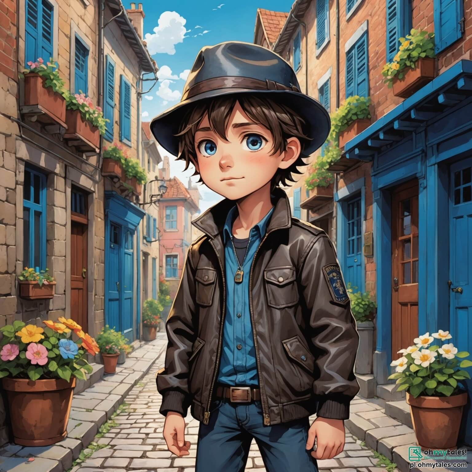 Une illustration destinée aux enfants représentant un garçon aux cheveux ébouriffés et aux yeux pétillants de curiosité, vêtu d'une veste en cuir usée et d'un chapeau de détective, se tenant au milieu d'une ruelle pavée bordée de maisons colorées aux volets bleus et aux balcons fleuris, où il s'apprête à résoudre le mystère de la disparition d'un précieux chaton, tandis qu'à ses côtés, une fille à la tresse dorée, pleine de détermination, et un vieux voisin au regard sage, portant des lunettes rondes, l'observent avec intérêt, tous trois entourés de l'odeur des fleurs et du bruit des oiseaux chantant dans le jardin voisin.