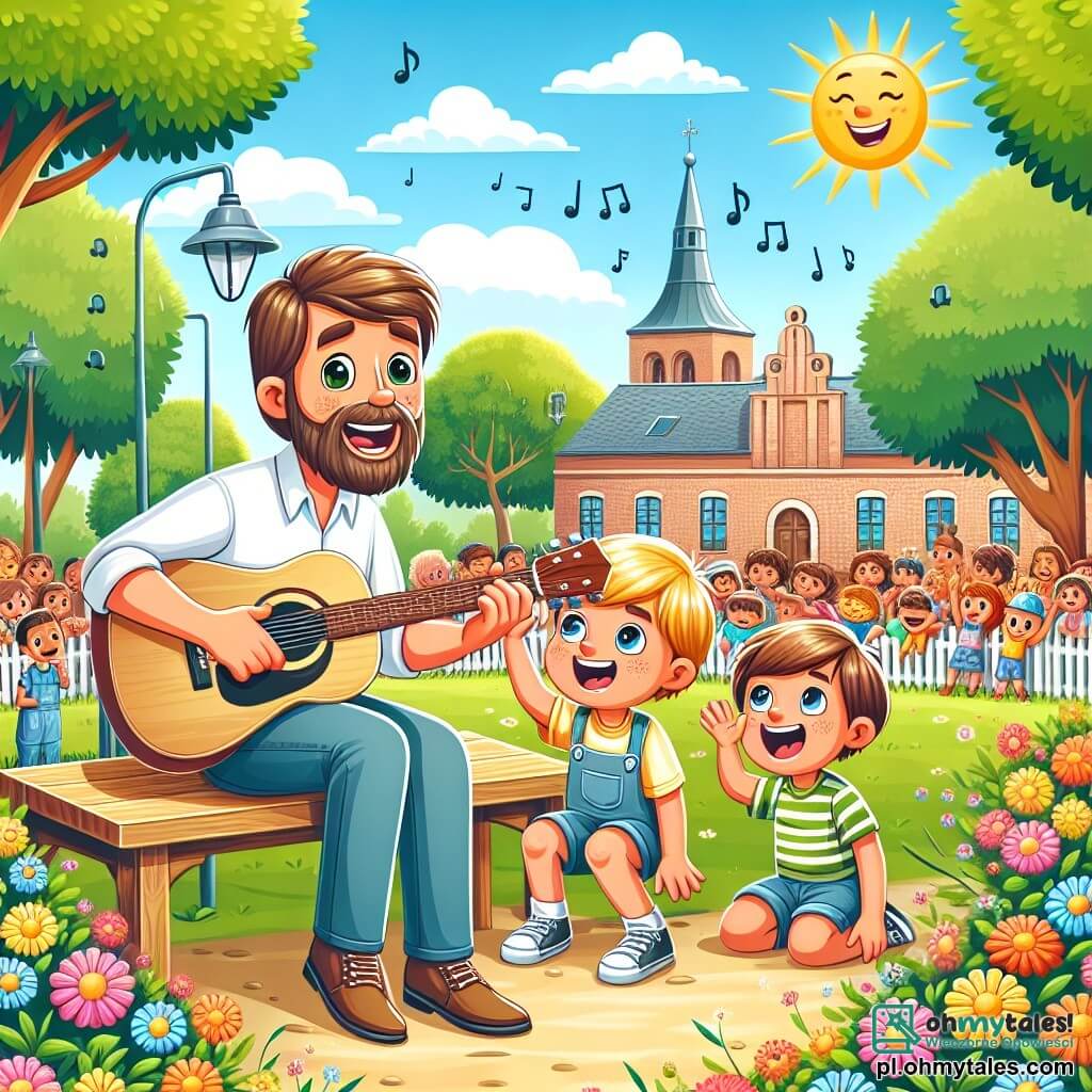 Une illustration sous forme de dessin destinée aux enfants représentant un charmant parc ensoleillé de Muzyczna Dolina, avec un homme d'âge moyen aux cheveux bruns et à la barbe soignée, assis sur un banc en bois, jouant de la guitare et chantant joyeusement, tandis que deux petits garçons, l'un aux cheveux blonds et l'autre aux cheveux bruns, écoutent attentivement et s'essaient à imiter les accords de la guitare, entourés de fleurs colorées et d'un public de familles émerveillées, capturant l'esprit de la musique et de l'amitié.