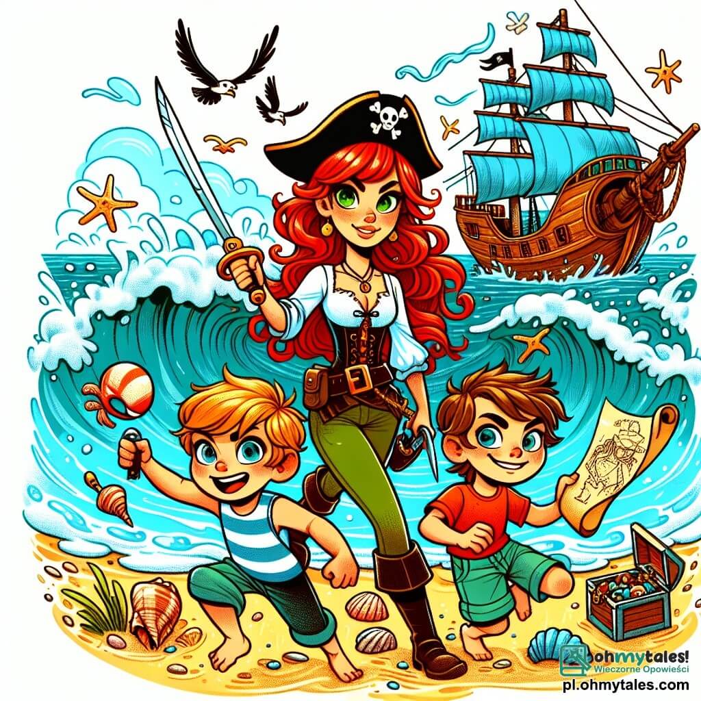 Une illustration sous forme de dessin destinée aux enfants représentant une scène vibrante sur une plage ensoleillée, où une femme pirate aux cheveux rouges flamboyants et aux yeux verts pétillants brandit une épée avec détermination, entourée de son fidèle équipage : un jeune garçon au sourire malicieux, tenant une carte au trésor, et une fille agile aux cheveux bruns, jonglant avec des coquillages, alors qu'ils font face à un mystérieux et ancien navire pirate qui émerge des vagues, prêt à les entraîner dans une nouvelle aventure pleine de mystères et de trésors cachés.