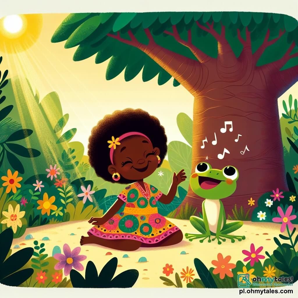Une illustration sous forme de dessin destinée aux enfants représentant une clairière ensoleillée au cœur d'une forêt luxuriante, où une jeune femme aux cheveux crépus et vêtue d'une robe colorée, assise sous un grand baobab, rêve avec un sourire sur son visage, tandis qu'à ses côtés, une petite grenouille verte aux yeux brillants, sautillant avec enthousiasme, lui parle de leur quête pour retrouver une perle magique, entourés de fleurs éclatantes et d'oiseaux colorés chantant dans les arbres.