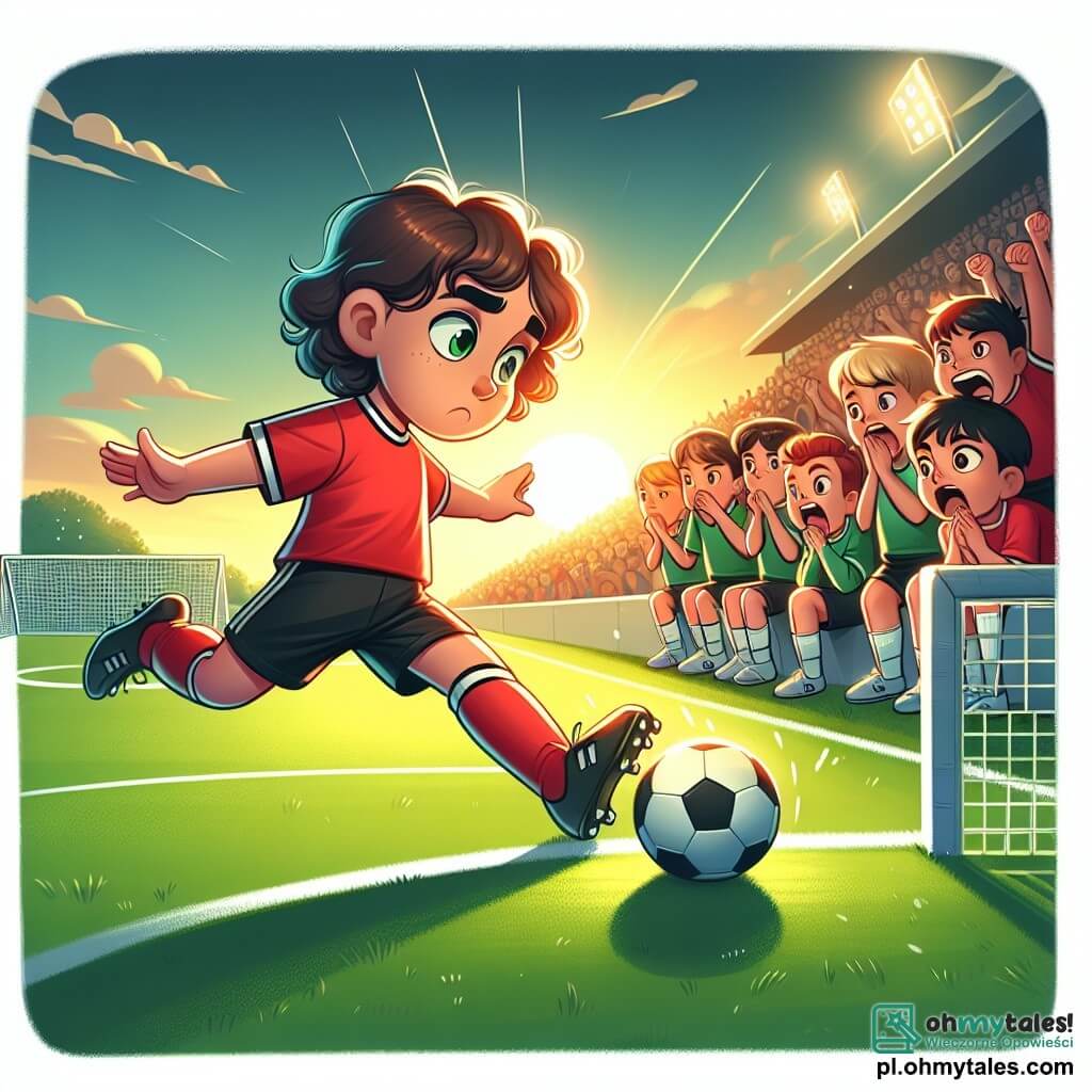 Une illustration sous forme de dessin destinée aux enfants représentant un terrain de football verdoyant, baigné par la lumière dorée du soleil couchant, où une jeune fille aux cheveux bruns et bouclés, vêtue d'un maillot rouge et de shorts noirs, s'apprête à tirer un penalty avec détermination, tandis qu'un groupe de garçons aux expressions enthousiastes et admiratives l'encercle, applaudissant et l'encourageant, créant une atmosphère de camaraderie et de passion pour le football.