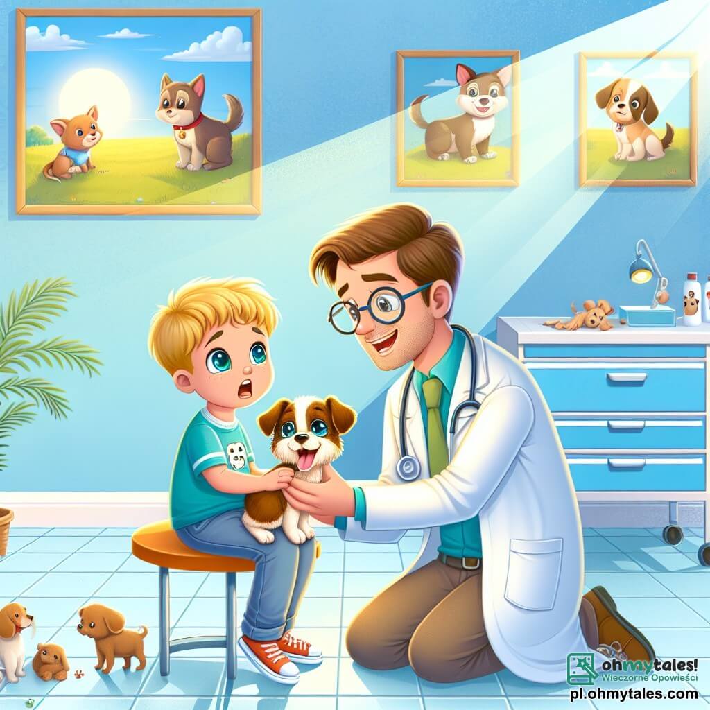 Ilustracja przedstawiająca kolorową klinikę weterynaryjną, z jasnoniebieskimi ścianami i plakatami różnych zwierząt. W centrum mężczyzna w wieku około trzydziestu lat, z brązowymi włosami i białym fartuchu, kuca obok stołu do badania. Ma ciepły uśmiech i okulary na nosie, badając małego szczeniaka z błyszczącymi oczami i brązowym futrem. Obok niego młody chłopiec w wieku około ośmiu lat, w niebieskiej koszulce z rysunkiem psa, obserwuje z fascynacją. Ma blond włosy i zmartwiony, ale pełen nadziei wzrok, trzymając szczeniaka w ramionach. Scena pokazuje weterynarza uspokajającego chłopca, podczas gdy szczeniak macha ogonem, tworząc atmosferę czułości i troski. Wokół porozrzucane są zabawki dla zwierząt, a okno wpuszcza światło słoneczne, dodając radosnej i przyjaznej atmosfery całości.