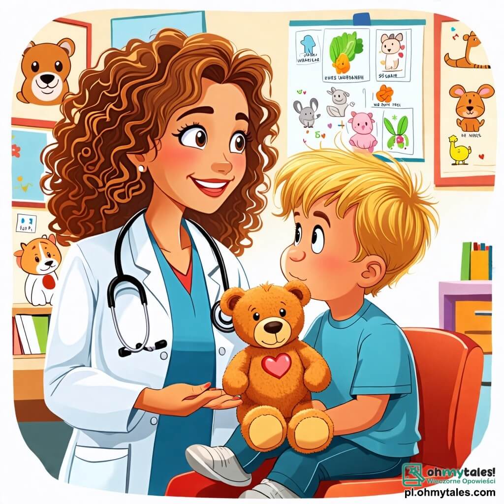 Une illustration sous forme de dessin destinée aux enfants représentant un cabinet médical coloré et accueillant, avec des murs ornés de dessins d'animaux et de posters éducatifs, où une femme médecin souriante aux cheveux bruns et bouclés, portant une blouse blanche, écoute le cœur d'un petit garçon aux cheveux blonds, assis sur une chaise, qui a l'air curieux et un peu inquiet, tandis qu'un ours en peluche, posé sur la table, semble lui donner du courage, capturant ainsi l'instant où le médecin aide l'enfant à surmonter sa peur tout en lui prodiguant des conseils sur la santé.