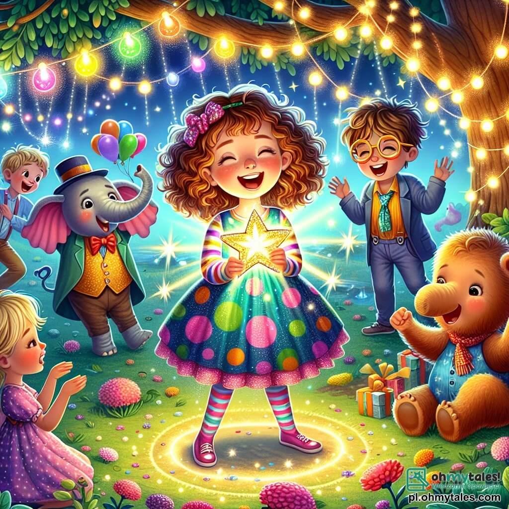 Ilustracja przedstawiająca magiczną scenę pod dużym dębem, gdzie migoczące światła tańczą między liśćmi. Podłoże pokryte jest kolorowymi kwiatami i małymi, błyszczącymi kamyczkami, tworząc bajkową atmosferę. W centrum obrazu dziewczynka w wieku 9 lat, z kręconymi, brązowymi włosami, nosi sukienkę w kolorowe kropki i w paski szalik. Uśmiecha się radośnie, trzymając w rękach świecący medalion w kształcie gwiazdy, jakby właśnie zdobyła nagrodę. Wokół niej kilka postaci drugoplanowych: chłopiec w wieku 10 lat, w okularach i z rozwianymi blond włosami, który śmieje się, próbując tańczyć w zabawny sposób; słoń w kostiumie imprezowym, trzymający mały parasol, który entuzjastycznie klaska; oraz kot w cylinderze, który się kłania z teatralnym wyrazem twarzy. Główna sytuacja pokazuje dziewczynkę świętującą swoje zwycięstwo po rozwiązaniu zabawnych zagadek, otoczoną nowymi przyjaciółmi. Kolorowe balony unoszą się w powietrzu, a konfetti delikatnie opada wokół nich, dodając do radosnej i świątecznej atmosfery tego niezapomnianego wieczoru.