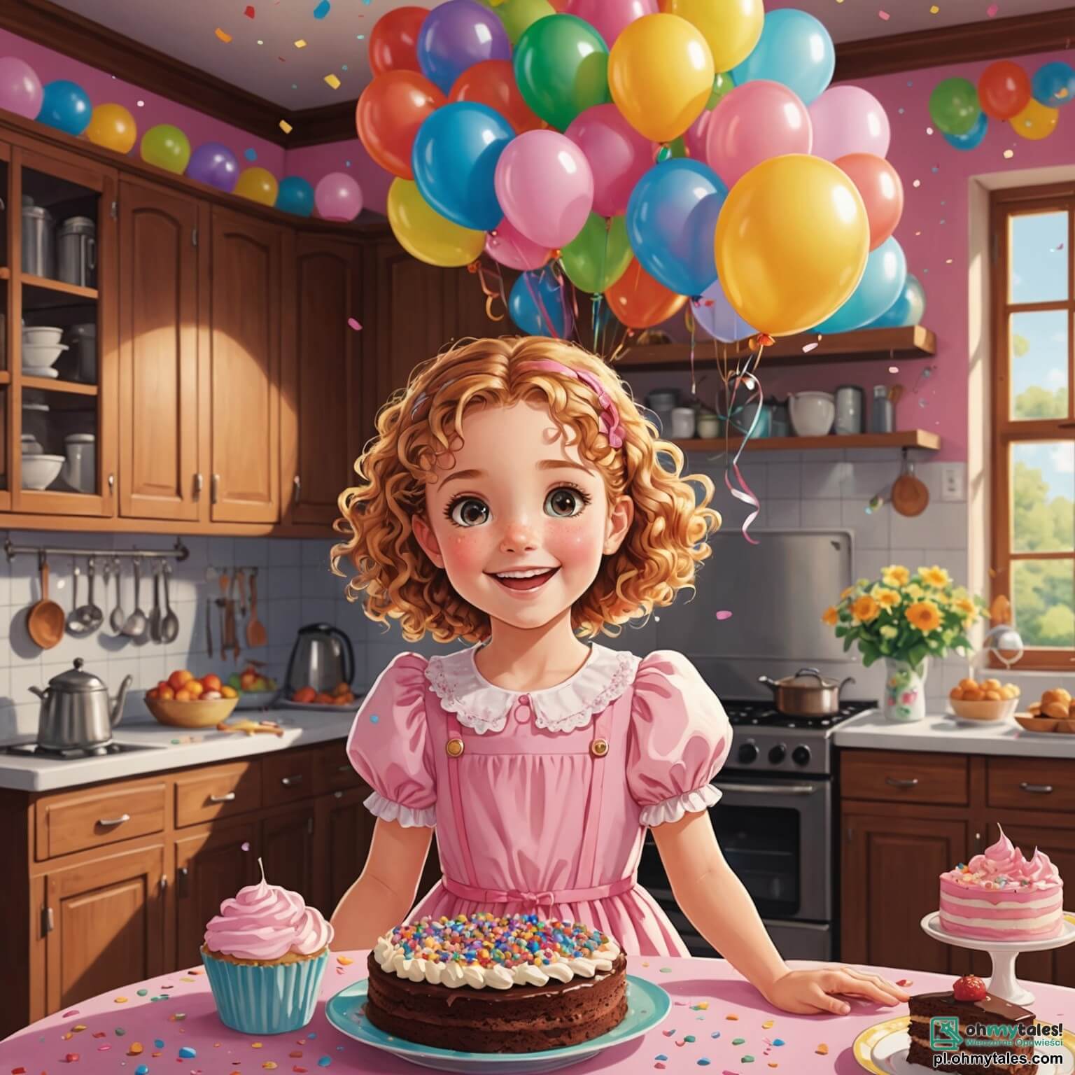 Une illustration destinée aux enfants représentant une petite fille aux cheveux bouclés et dorés, vêtue d'une jolie robe rose parsemée de paillettes scintillantes, qui se tient au milieu d'une cuisine chaleureuse et colorée, remplie de ballons multicolores flottant au plafond et d'une grande table décorée d'un magnifique gâteau au chocolat, entourée de ses deux amis : une fille joyeuse aux tresses rousses, qui rit aux éclats, et un garçon timide aux lunettes rondes, qui observe avec émerveillement, alors qu'ils s'apprêtent à célébrer ensemble l'anniversaire de la petite fille dans cette ambiance festive et lumineuse, où l'odeur sucrée des friandises emplit l'air et où les rires résonnent comme une douce mélodie.