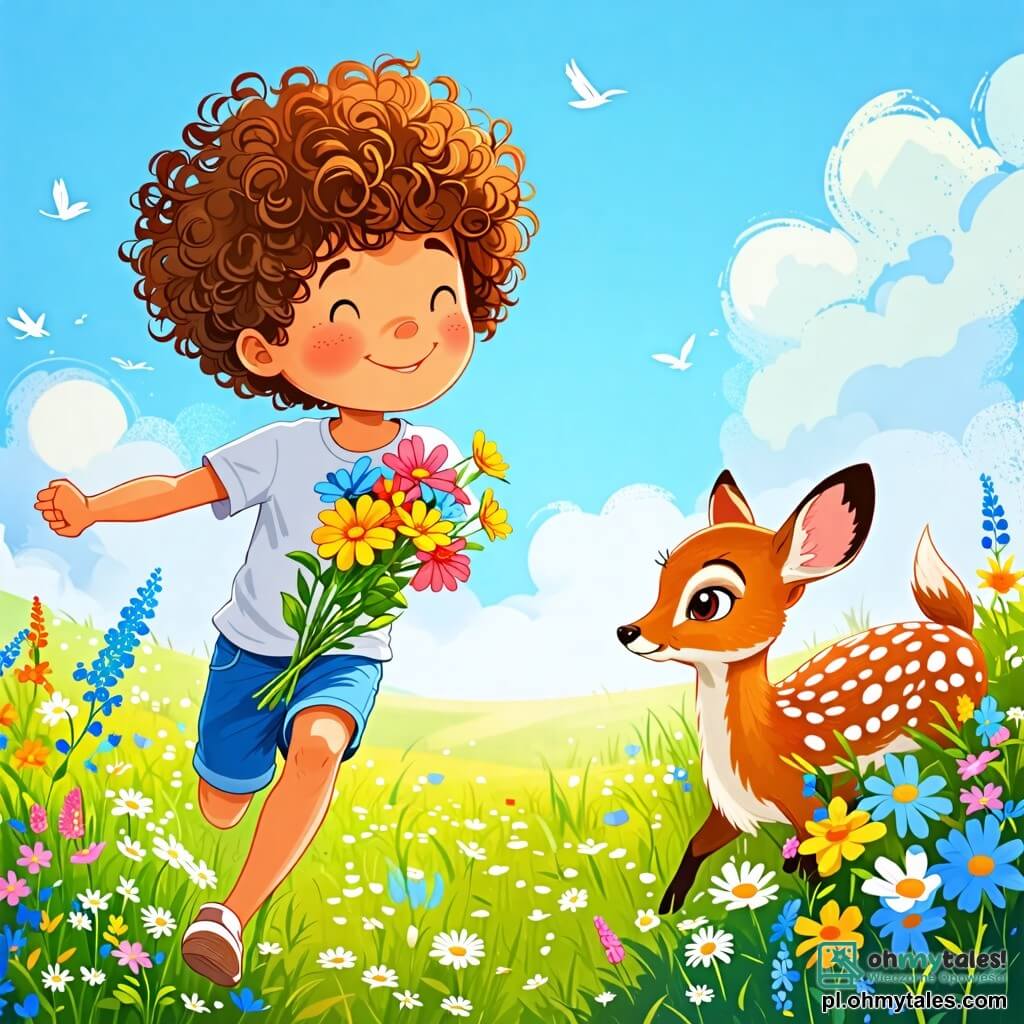Une illustration sous forme de dessin destinée aux enfants représentant une vaste prairie en fleurs sous un ciel bleu éclatant, avec un garçon de 6 ans aux cheveux bruns et bouclés, portant un t-shirt blanc et des shorts bleus, qui court joyeusement en tenant un bouquet de fleurs colorées, tandis qu'une petite sarenka aux yeux brillants et au pelage doré l'observe curieusement depuis un buisson, capturant l'instant magique d'une belle journée de printemps où le garçon découvre la beauté de la nature et se lie d'amitié avec les animaux.