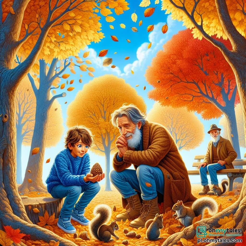Ilustracja przedstawiająca jesienny park, gdzie duże drzewa z złotymi, czerwonymi i pomarańczowymi liśćmi tworzą wspaniały, kolorowy sufit. Ziemia pokryta jest dywanem chrupiących liści, które trzeszczą pod stopami. Na środku sceny, 11-letni chłopiec z rozczochranymi brązowymi włosami i błyszczącymi oczami ciekawości klęczy, uważnie obserwując mały kokon, który znalazł wśród liści. Ma na sobie niebieski sweter i dżinsy, a jego twarz wyraża zachwyt i koncentrację. W pobliżu siedzi starszy mężczyzna, około 70-letni, z długą białą brodą i ciepłym uśmiechem, na drewnianej ławce. Ma na sobie długi brązowy płaszcz i kapelusz filcowy, a z życzliwością patrzy na chłopca, trzymając garść orzechów, by nakarmić zbliżające się wiewiórki. Główna sytuacja ukazuje chłopca zafascynowanego naturą, odkrywającego cuda jesieni, podczas gdy starszy mężczyzna dzieli się swoją mądrością i miłością do tej pory roku. Figlarnie biegające wiewiórki dodają życia tej spokojnej scenie, podczas gdy niebo jest jasnoniebieskie, usiane kilkoma puszystymi chmurami.