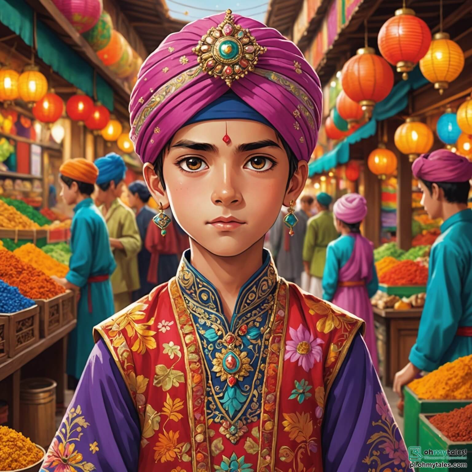 Une illustration destinée aux enfants représentant un jeune garçon intrépide aux yeux pétillants de malice, vêtu d'un turban coloré et d'une tunique brodée, se tenant au milieu d'un bazar vibrant de couleurs vives et de senteurs envoûtantes, où les étals débordent d'épices éclatantes et de tissus chatoyants, tandis qu'il se trouve face à une belle jeune fille au regard déterminé, portant une robe ornée de motifs floraux, qui l'encourage à utiliser la magie d'une lampe mystérieuse pour sauver leur ville des griffes d'un sorcier maléfique, le tout baigné par la lumière dorée d'un soleil couchant qui illumine les minarets scintillants et les ruelles sinueuses de la ville enchantée.