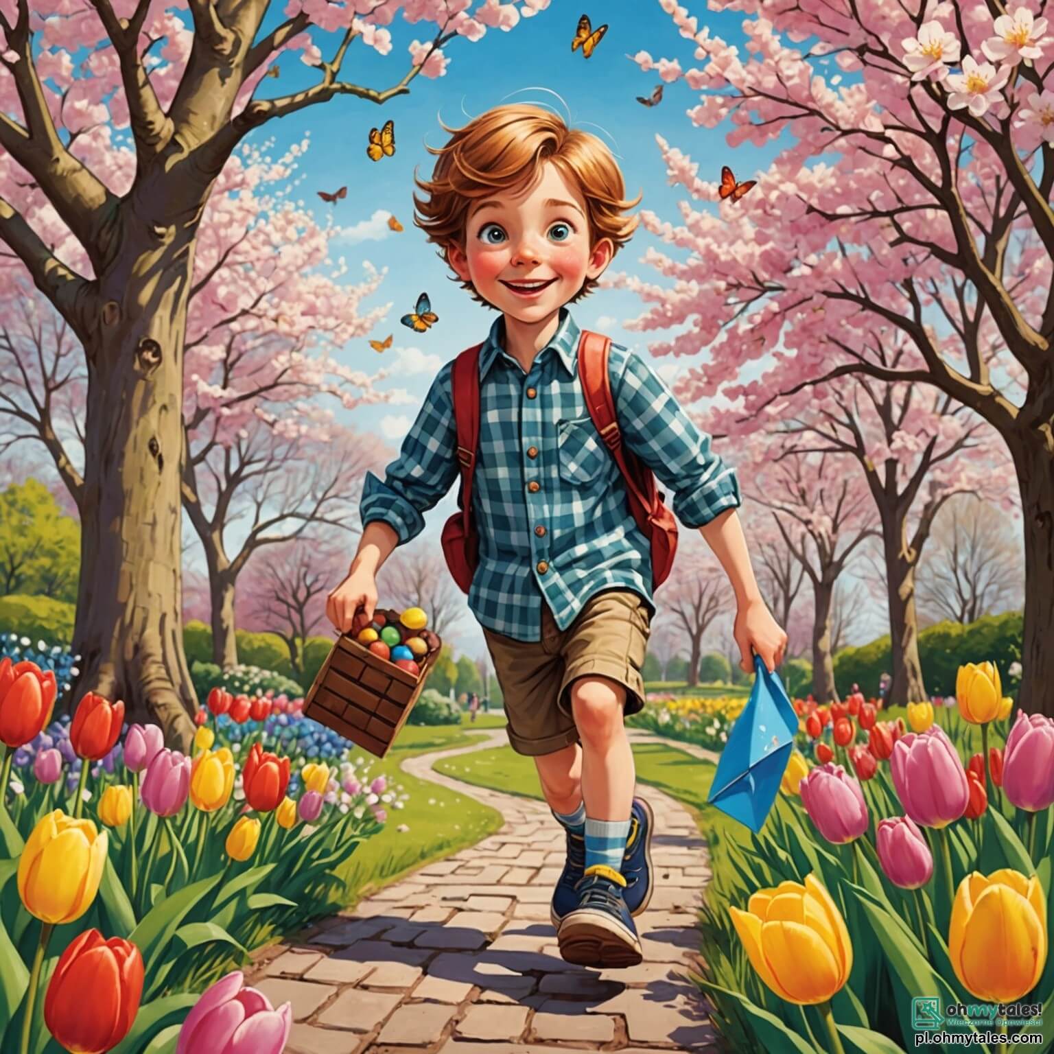 Une illustration destinée aux enfants représentant un garçon curieux aux cheveux châtains et aux yeux pétillants d'excitation, vêtu d'une chemise à carreaux et d'un short, se lançant dans une aventure printanière à la recherche d'œufs en chocolat cachés dans un jardin en fleurs, où les tulipes colorées dansent au gré du vent et les papillons virevoltent autour des cerisiers en fleurs, accompagné de sa meilleure amie, une fille aux cheveux blonds tressés et au sourire radieux, ainsi que d'un garçon intrépide aux lunettes rondes et à la casquette vissée sur la tête, tous trois explorant ce lieu enchanteur rempli de rires et de surprises, tandis que le soleil brille haut dans le ciel azur, illuminant leur quête joyeuse pour une chasse aux trésors chocolatés lors de la fête de Pâques.