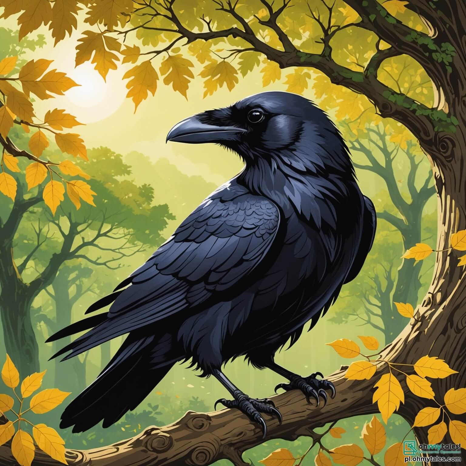 Une illustration destinée aux enfants représentant un majestueux corbeau aux plumes d'un noir profond, brillant comme l'ébène sous les rayons du soleil, perché sur une branche d'un vieux chêne noueux, entouré de feuilles vertes et dorées qui dansent doucement au gré du vent, alors qu'il se lance dans une quête palpitante pour découvrir un trésor caché, accompagné de ses fidèles amis, une joyeuse lapine aux grandes oreilles et un rusé renard à la queue touffue, dans une forêt enchantée où les rayons de lumière filtrent à travers le feuillage, créant des ombres dansantes sur le sol tapissé de mousse et de fleurs sauvages, où chaque coin semble murmurer des secrets d'aventure et de camaraderie.
