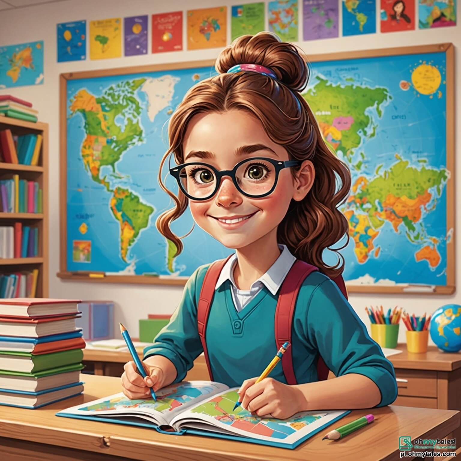 Une illustration destinée aux enfants représentant une institutrice au sourire éclatant, avec de longs cheveux châtains enroulés en un chignon désordonné, se tenant devant une classe lumineuse aux murs ornés de dessins colorés et de cartes du monde, où des enfants aux yeux pétillants, notamment une petite fille aux couettes et un petit garçon aux lunettes, s'émerveillent autour de tables en bois recouvertes de livres et de crayons, alors qu'elle leur propose une aventure éducative pleine de découvertes et de rires dans cette salle de classe chaleureuse, baignée par la lumière du soleil filtrant à travers de grandes fenêtres aux rideaux fleuris.