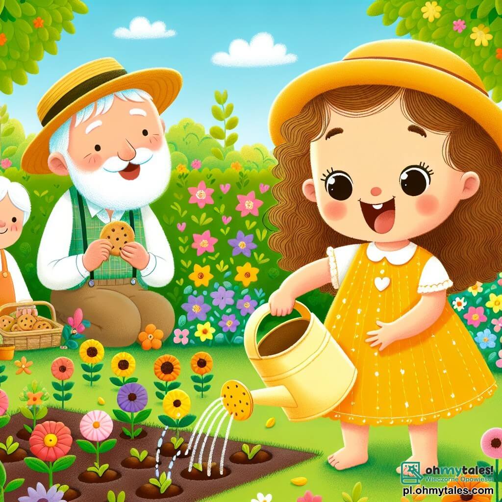 Une illustration sous forme de dessin destinée aux enfants représentant un jardin ensoleillé rempli de fleurs colorées, où une petite fille de 3 ans aux cheveux bouclés et aux yeux pétillants, vêtue d'une robe jaune, s'amuse à arroser des graines fraîchement plantées avec une petite arrosoir, tandis qu'un homme âgé avec une barbe blanche et un chapeau de paille, riant joyeusement, et une femme souriante aux cheveux châtains, portant un tablier, l'observent en lui offrant des biscuits, capturant ainsi l'esprit de l'entraide et de la joie des vacances d'été.