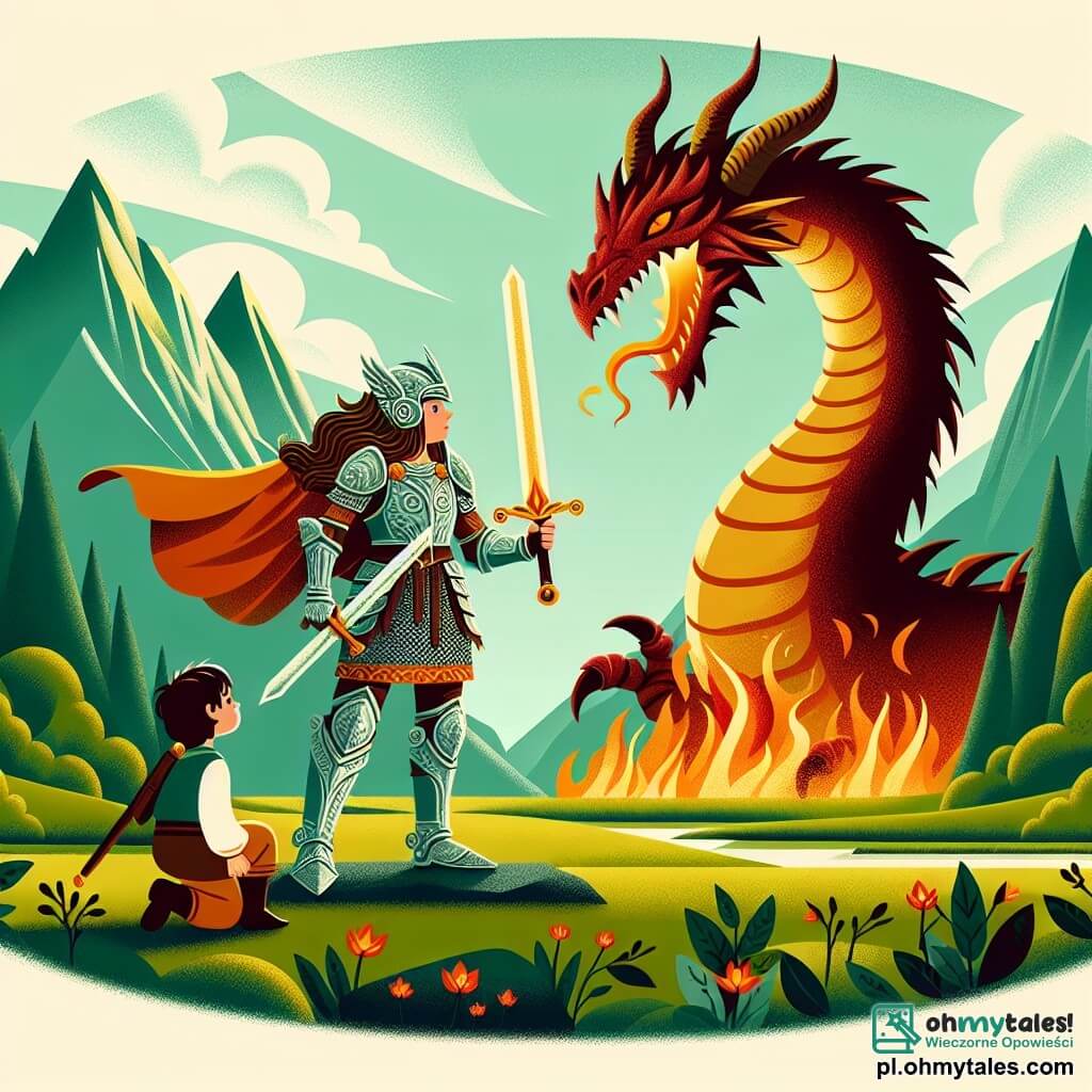 Une illustration sous forme de dessin destinée aux enfants représentant une vaste plaine verdoyante bordée de montagnes majestueuses, où une courageuse chevaleresse aux longs cheveux bruns, vêtue d'une armure étincelante et brandissant une épée dorée, se tient fièrement face à un immense dragon aux écailles écarlates qui crache des flammes, tandis qu'un jeune garçon aux yeux brillants, vêtu de vêtements simples, observe avec admiration et appréhension, prêt à soutenir son amie dans cette bataille épique pour sauver leur royaume.