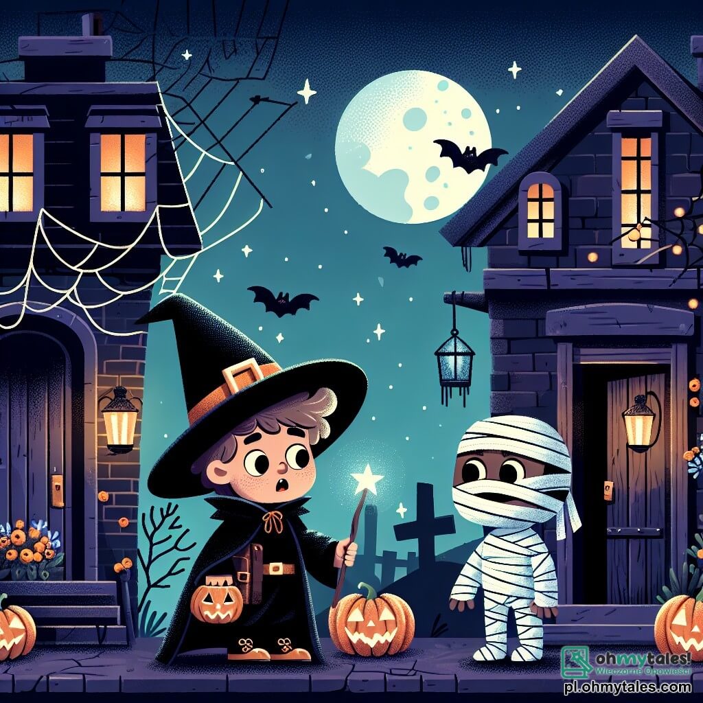 Une illustration sous forme de dessin destinée aux enfants représentant une scène d'Halloween dans un petit miasteczko, avec des maisons décorées de toiles d'araignées et de citrouilles illuminées, où un garçon de 11 ans, vêtu d'un costume de petit sorcier avec une grande cape noire et un chapeau trop grand, tient une baguette magique et regarde avec émerveillement un ami déguisé en momie, enveloppé de bandelettes blanches, tandis qu'ils se tiennent devant une vieille porte en bois qui s'ouvre sur une mystérieuse cave, prêts à découvrir les secrets cachés de la nuit.