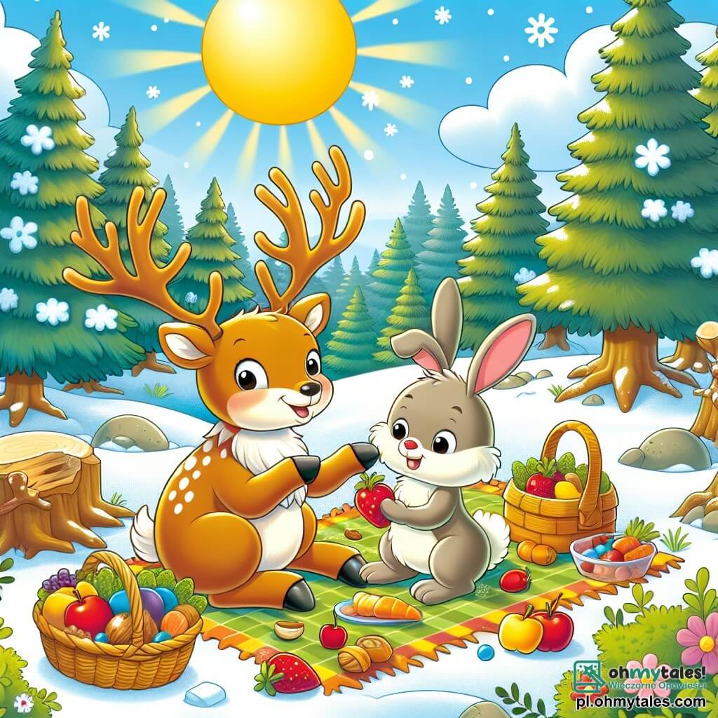 Une illustration sous forme de dessin destinée aux enfants représentant une clairière ensoleillée dans une forêt enneigée, où un renne au pelage éclatant et aux magnifiques cornes joue joyeusement avec un petit lapin aux grandes oreilles et au pelage doux, tandis qu'ils partagent un pique-nique coloré avec des fruits et des noix, entourés de rires et de l'excitation d'une fête improvisée avec d'autres animaux de la forêt.