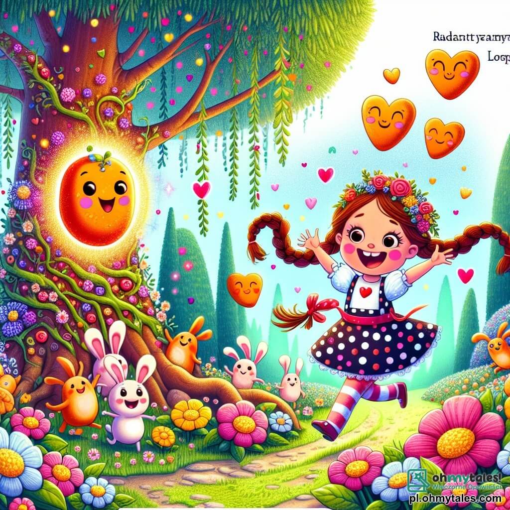 Une illustration sous forme de dessin destinée aux enfants représentant un jardin enchanté rempli de fleurs colorées et de grands arbres aux feuilles en forme de cœur, où une petite fille de 5 ans aux longs cheveux bruns tressés, vêtue d'une robe à pois, saute de joie en découvrant un brillant Têneczowy Kamień, un pierre magique aux couleurs éclatantes, qui sourit et flotte à ses côtés, tandis qu'un groupe de Klopków, de petits êtres aux grandes oreilles et aux nez en forme de carotte, danse joyeusement autour d'eux, créant une atmosphère de magie et d'amusement, alors qu'ils se préparent à partir à la recherche du Złoty Kucyk dans la mystérieuse forêt voisine.