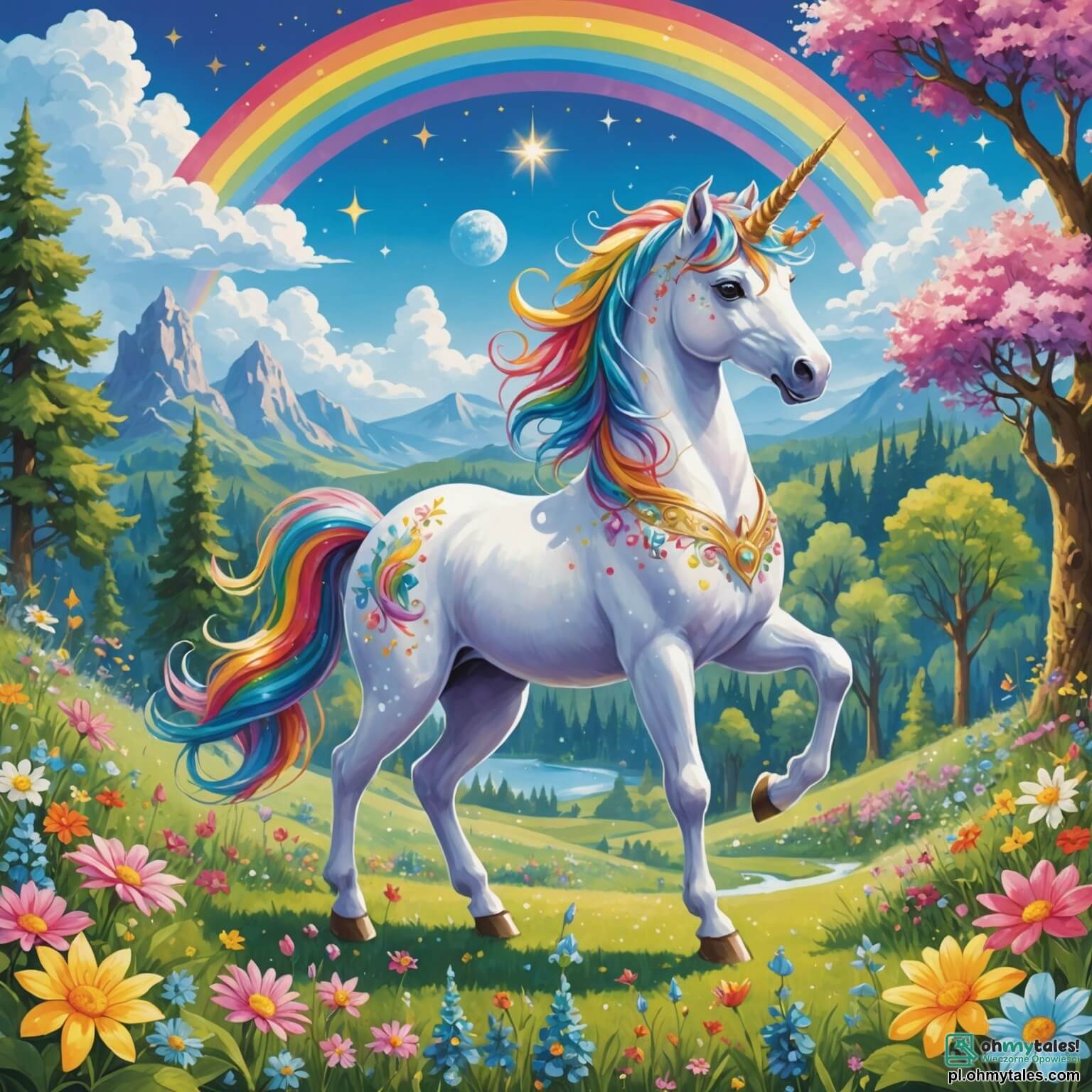 Une illustration destinée aux enfants représentant une licorne pétillante aux crins multicolores, dansant joyeusement au milieu d'une clairière enchantée où les fleurs scintillent comme des étoiles, entourée de petits lutins malicieux aux chapeaux pointus, tandis qu'un arc-en-ciel éclatant se dessine dans un ciel azur parsemé de nuages cotonneux.