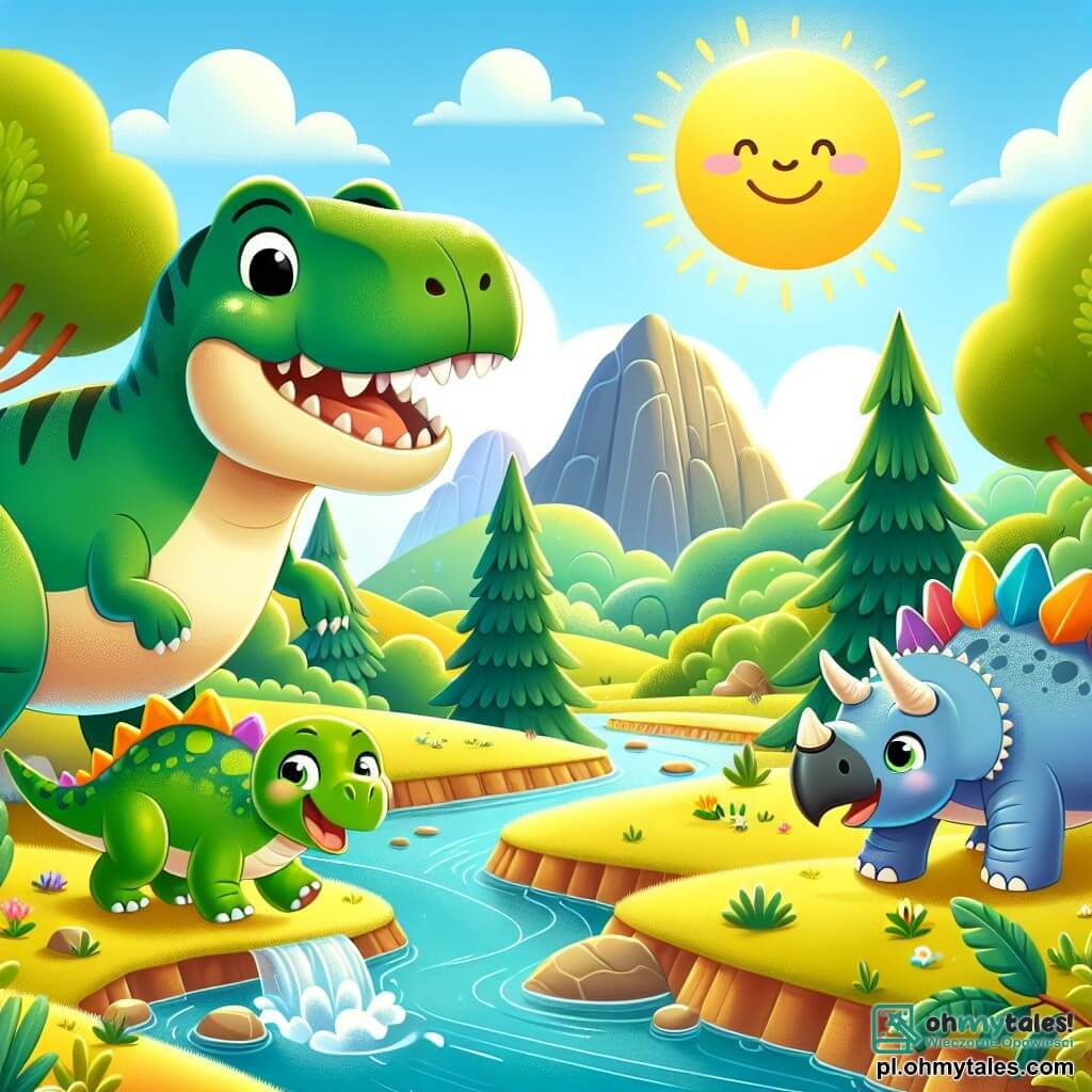 Une illustration sous forme de dessin destinée aux enfants représentant une vallée verdoyante et ensoleillée, où un grand Tyrannosaure Rex au sourire amical et aux écailles vertes explore joyeusement, entouré de deux amis : un petit Stegosaurus avec des plaques colorées sur le dos et un Triceratops aux cornes majestueuses, tous trois courant ensemble près d'un scintillant ruisseau, illustrant leur aventure pleine de joie et de camaraderie dans le monde magique des dinosaures.