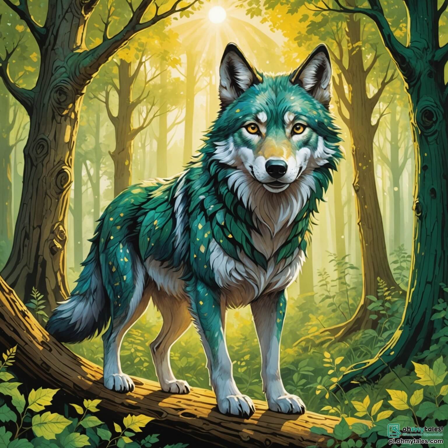 Une illustration destinée aux enfants représentant un loup à la fourrure argentée scintillante sous les rayons dorés du soleil, avec des yeux pétillants de curiosité, se tenant au cœur d'une forêt enchantée où les arbres majestueux aux troncs noueux s'élèvent vers le ciel, leurs feuilles vert émeraude dansant au gré du vent, tandis qu'il se prépare à vivre une aventure palpitante aux côtés d'une espiègle petite souris au pelage doux comme du velours et d'une sage chouette aux plumes chatoyantes, tous unis par le désir de découvrir un trésor caché au milieu des fleurs colorées et des ruisseaux murmurants qui serpentent à travers ce royaume féerique.