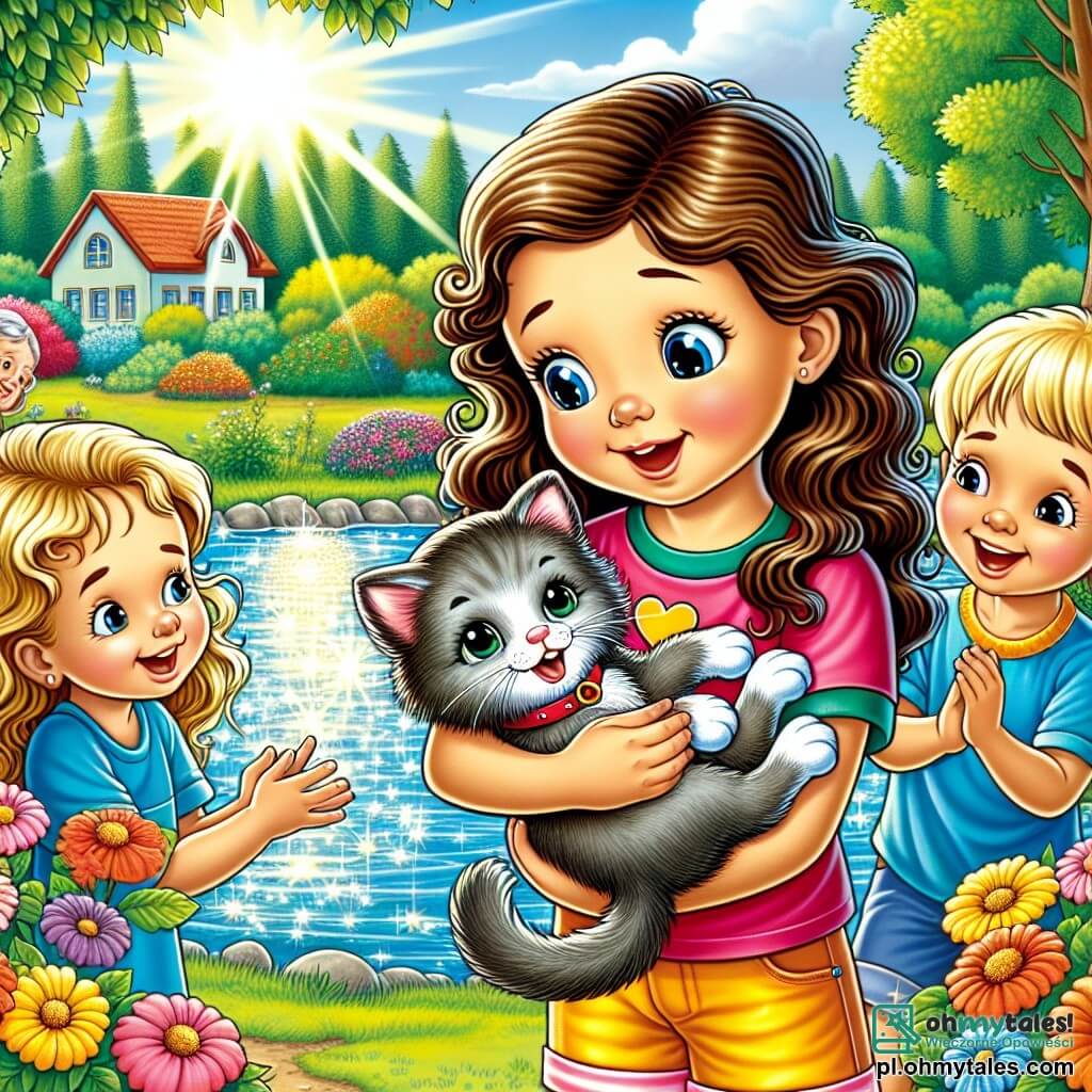 Une illustration sous forme de dessin destinée aux enfants représentant un parc ensoleillé avec un petit lac scintillant, où une fille de 11 ans aux cheveux bruns et bouclés, portant un t-shirt coloré et un short, tient dans ses bras une adorable chatonne grise avec une collerette rouge, tandis que deux amis, un garçon aux cheveux blonds et une fille aux cheveux châtains, les regardent avec émerveillement, tous trois rayonnant de joie après avoir retrouvé le chat perdu d'une vieille dame, entourés de fleurs colorées et d'arbres verdoyants.